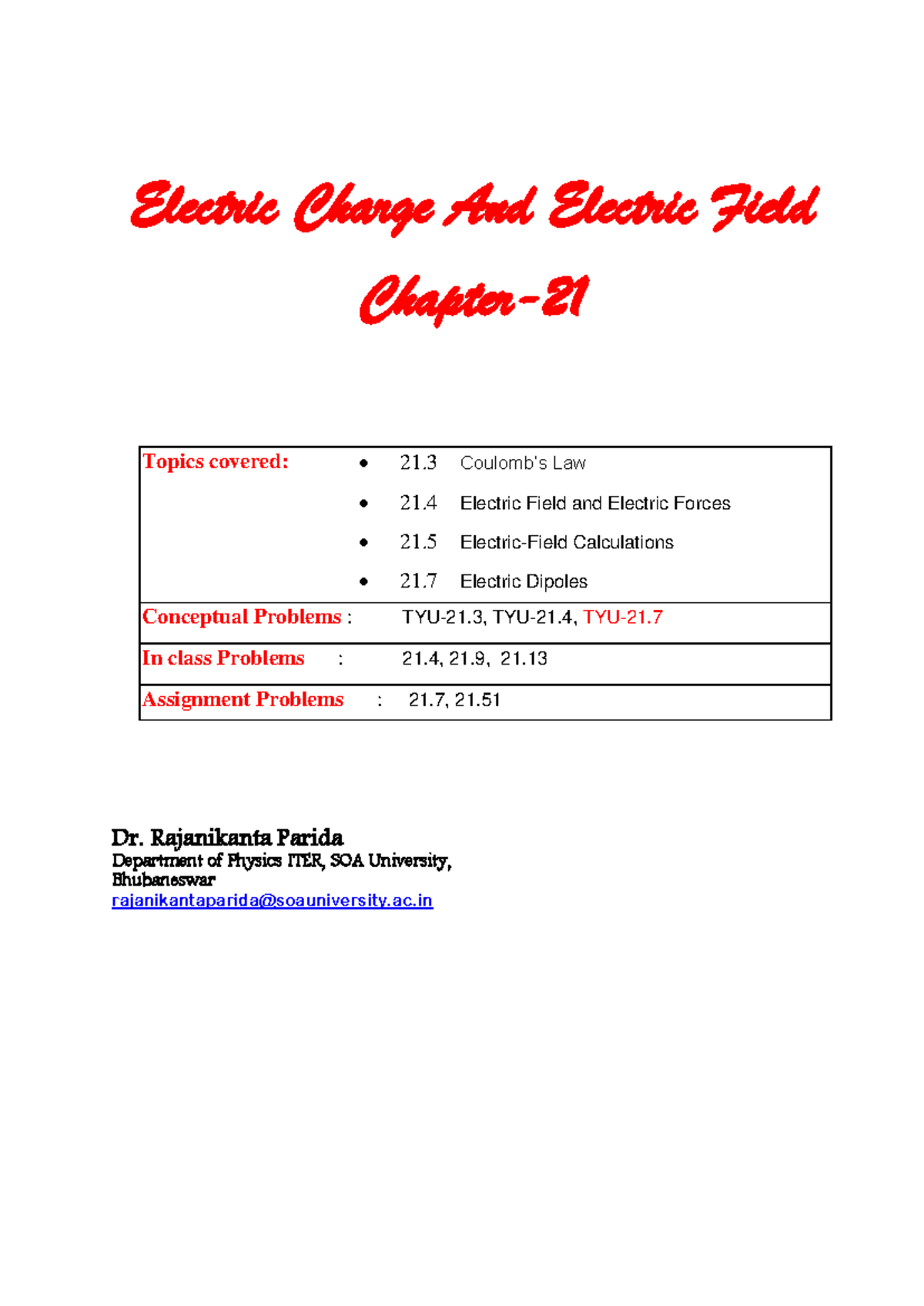 Ch-21 - refferal notes - Electric Charge And Electric Field Chapter- 21 ...