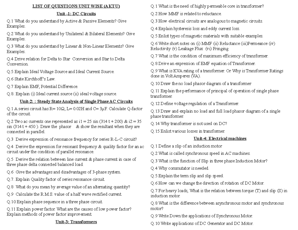 LIST OF MOST Important Questions UNIT WISE LIST OF QUESTIONS UNIT WISE (AKTU) Unit 1 DC