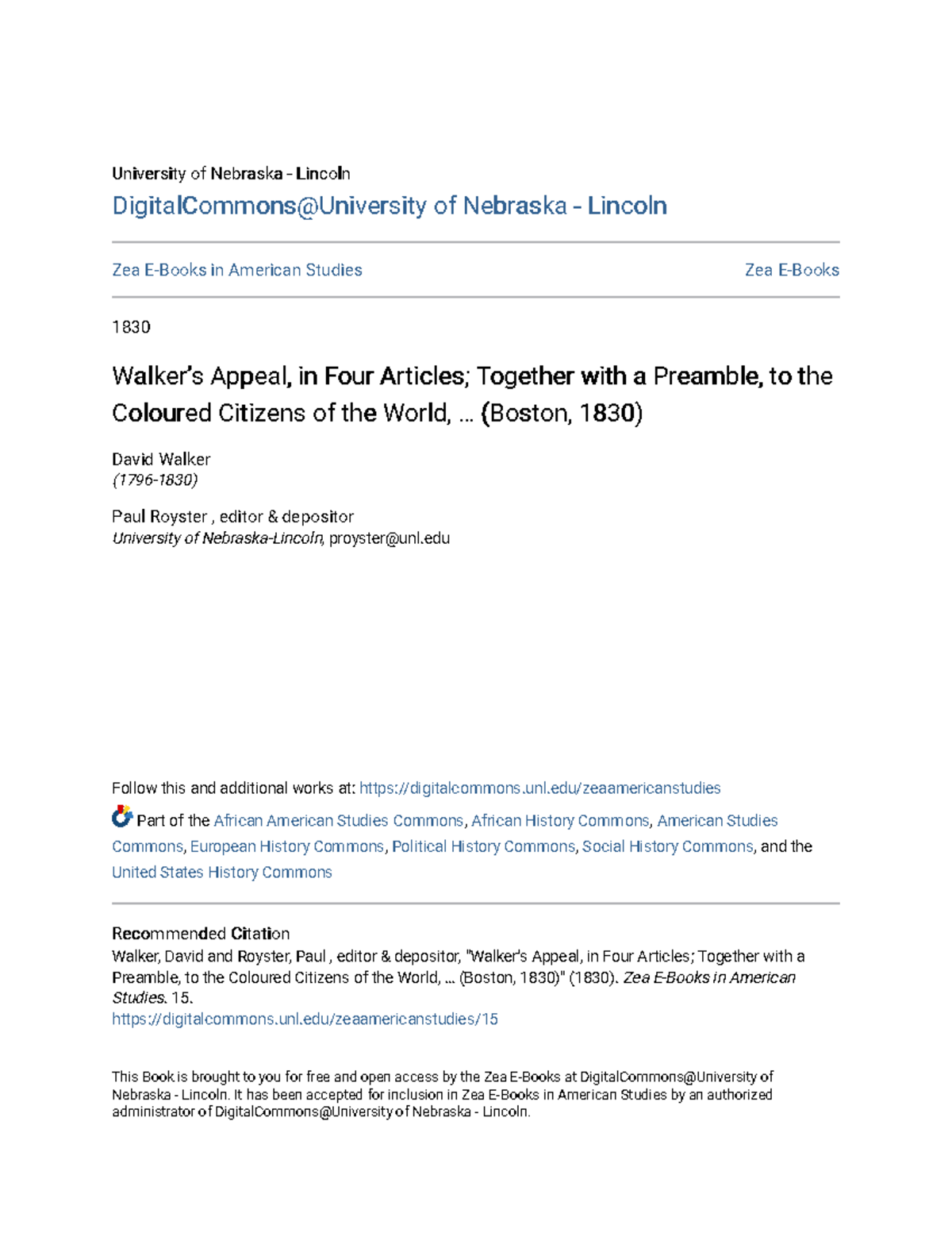 Walker s Appeal in Four Articles University of Nebraska