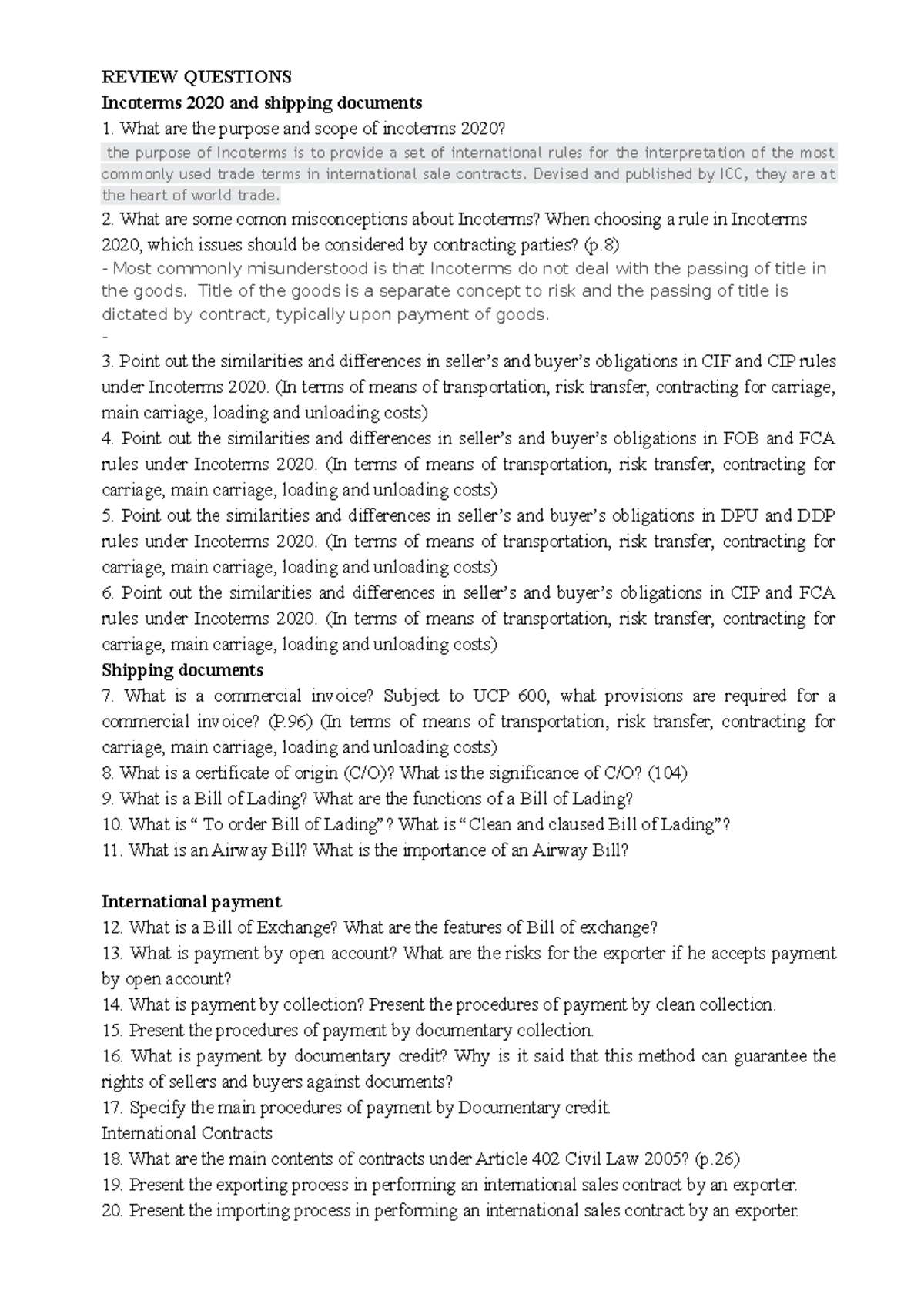 đề ôn NVNT - sss - REVIEW QUESTIONS Incoterms 2020 and shipping ...