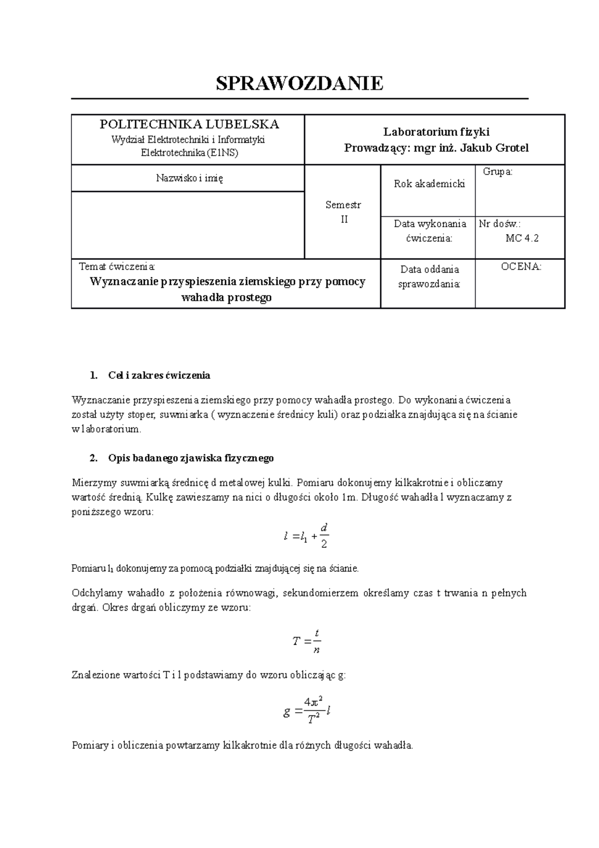 Sprawozdanie Fizyka MC 4 - SPRAWOZDANIE POLITECHNIKA LUBELSKA Wydział ...