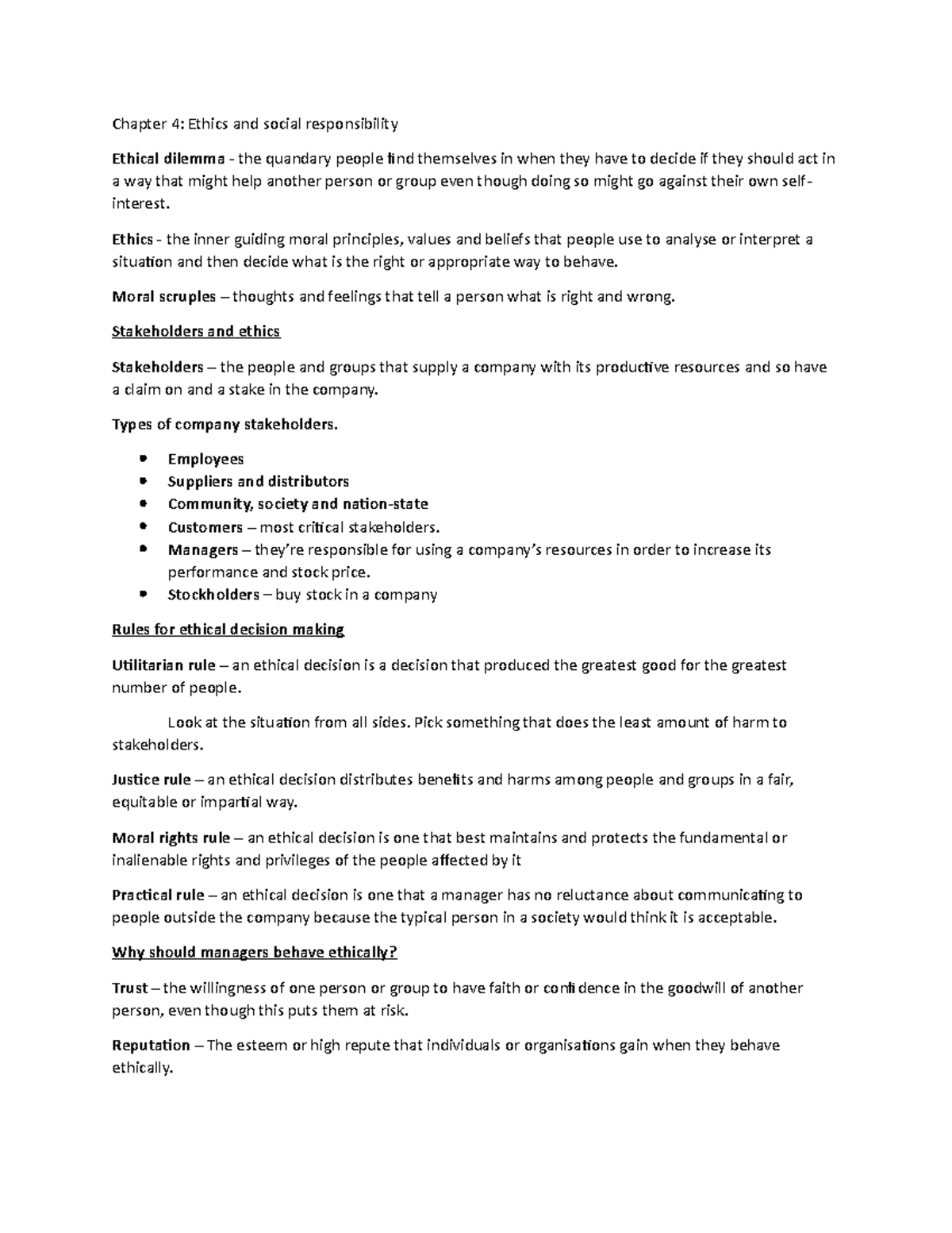 Ethics and social responsibility notes - Chapter 4: Ethics and social ...