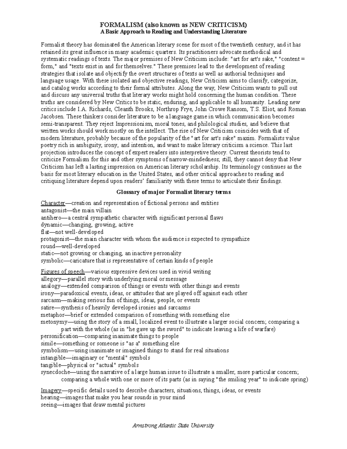 New criticism formalism - FORMALISM (also known as NEW CRITICISM) A ...