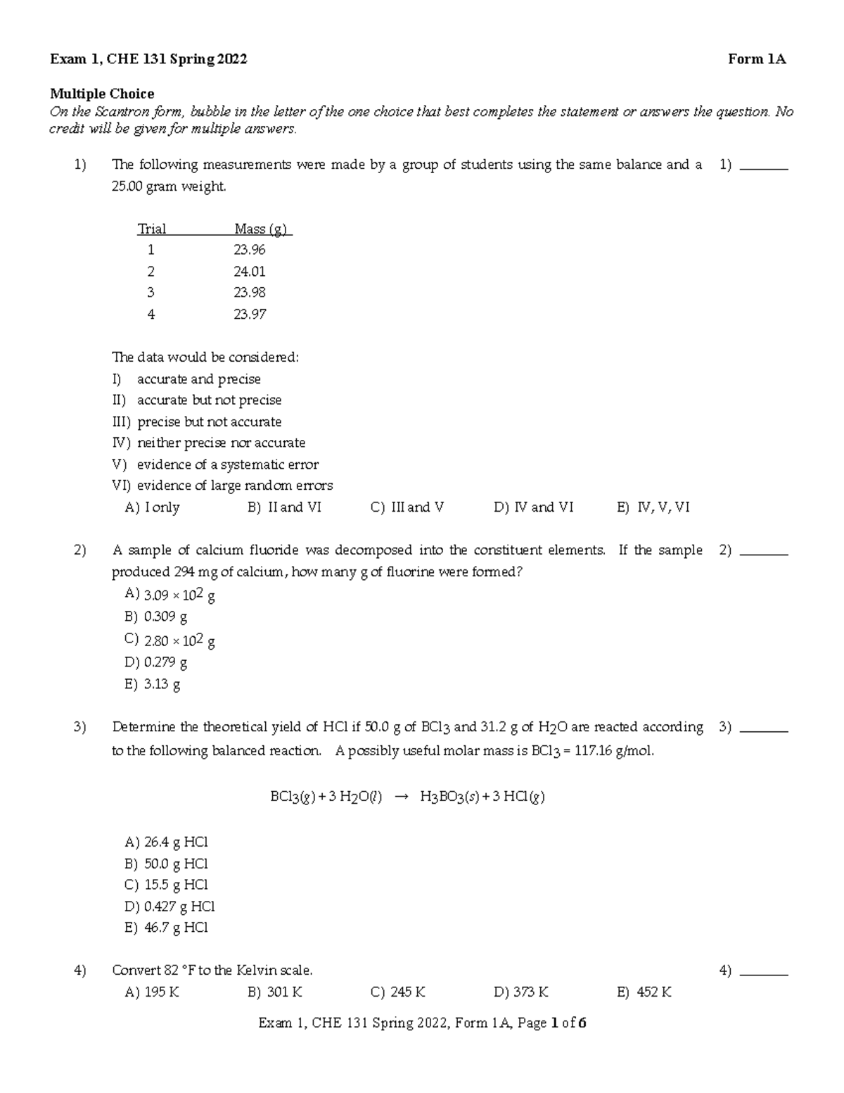 CHE 131 Spring 2022 Exam 1 Version A - Exam 1, CHE 131 Spring 2022 Form ...