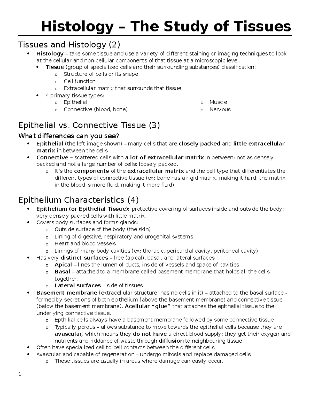 Unit 4 Tissues - Lecture notes 4 - Histology – The Study of Tissues ...