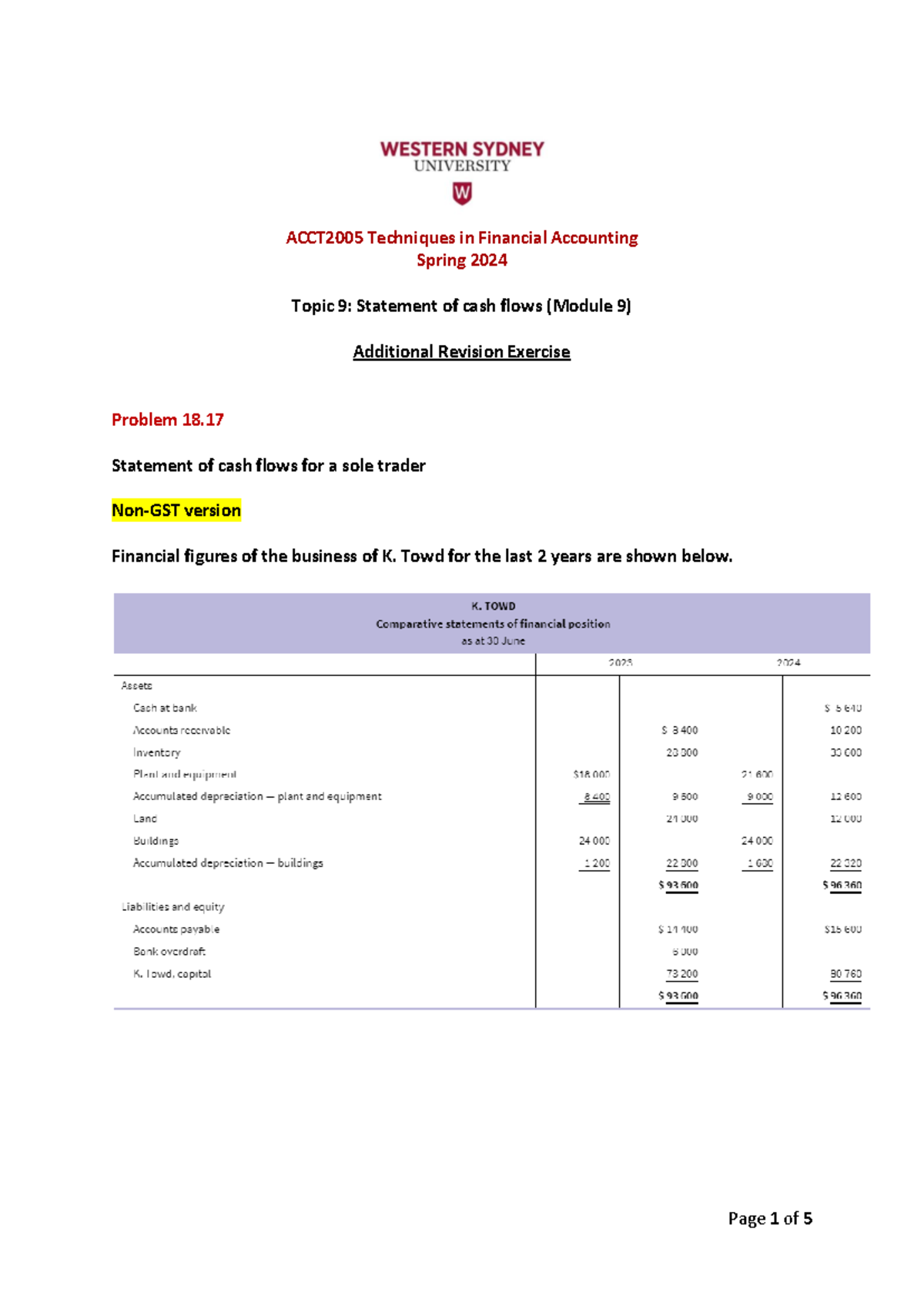 Topic 9 Additional Revision Exercise - ACCT2005 Techniques in Financial ...
