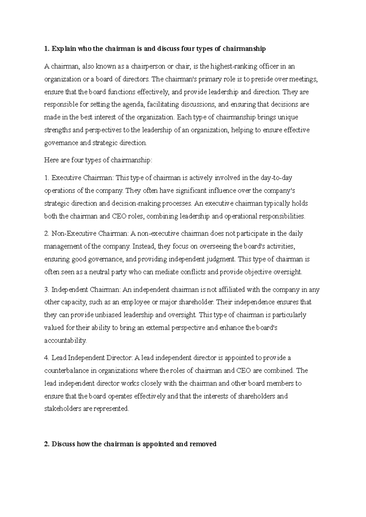 Company LAW - summary - Explain who the chairman is and discuss four ...