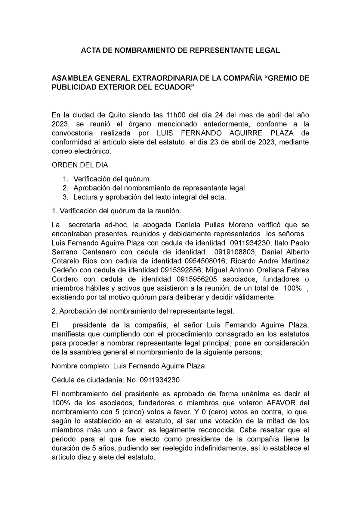 Acta De Representante Legal Final Acta De Nombramiento De