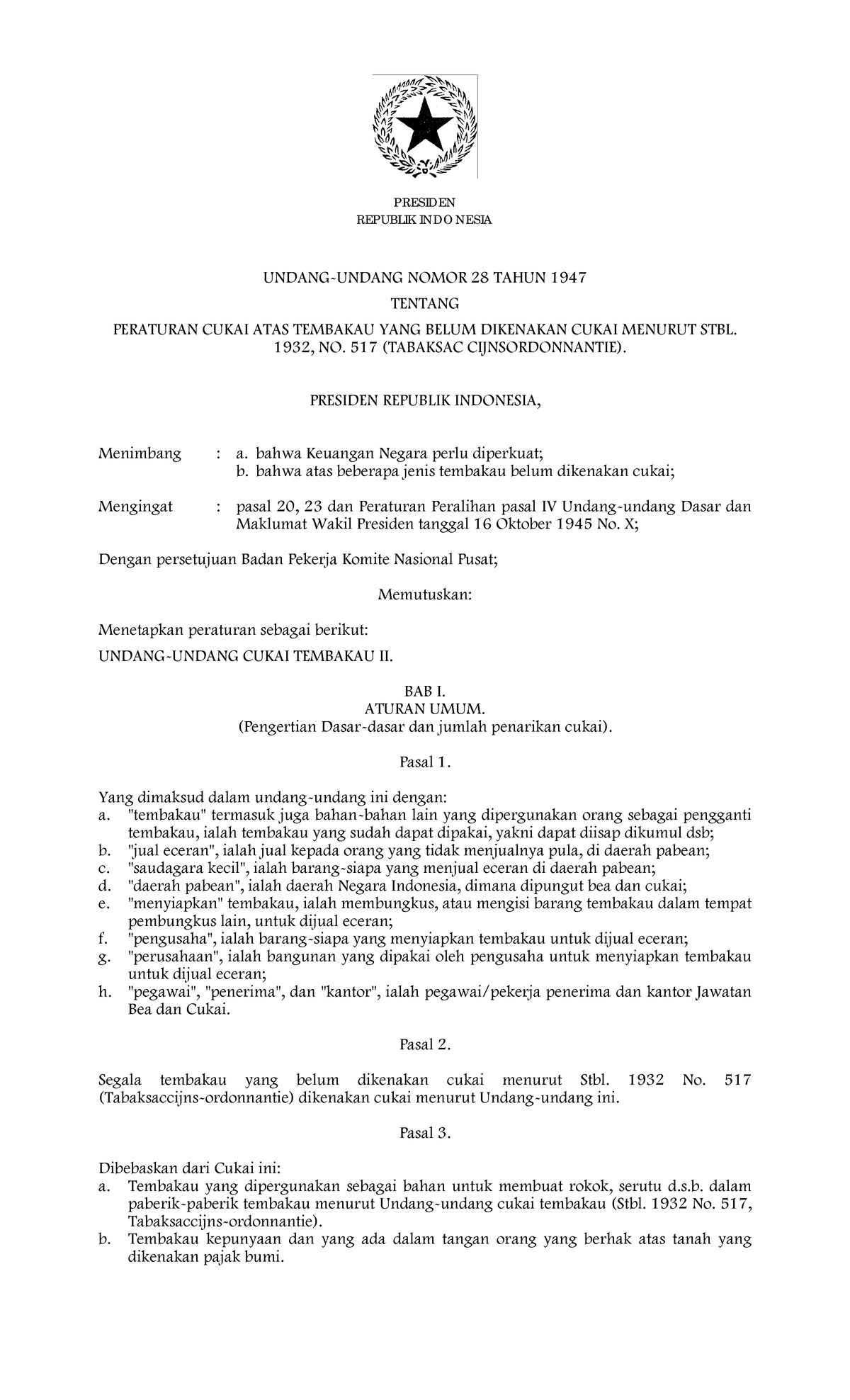 Peraturan Cukai Tembau UU NO 28 Tahun 1947 - REPUBLIK INDO NESIA UNDANG ...