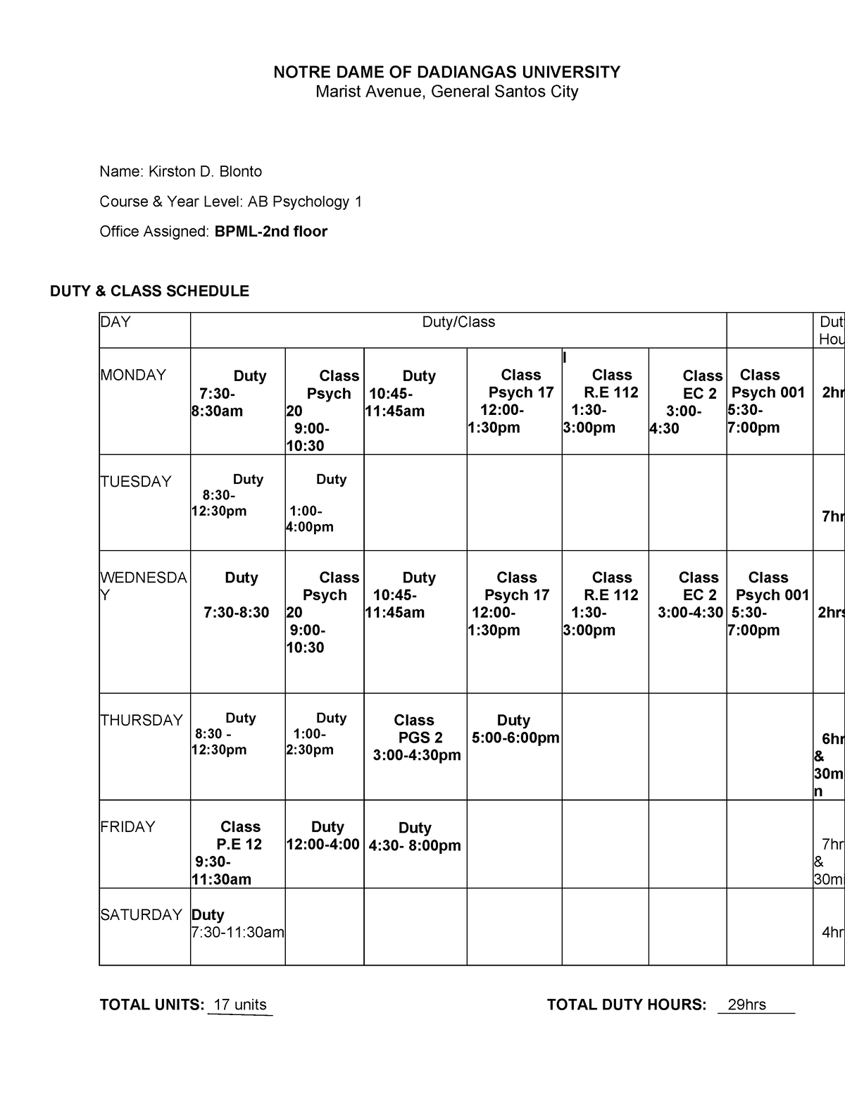 Draft-Schedule - None - NOTRE DAME OF DADIANGAS UNIVERSITY Marist ...