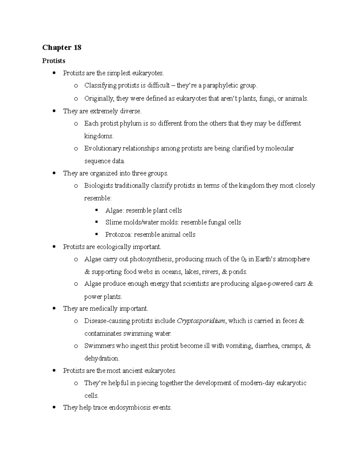 Chapter 18 Notes - Chapter 18 Protists Protists are the simplest ...