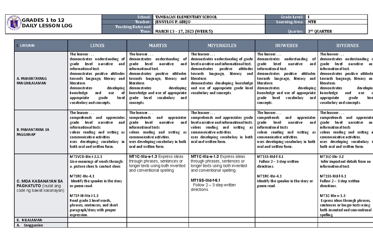 DLL MTB 1 Q3 W5 - daily lesson log - GRADES 1 to 12 DAILY LESSON LOG ...