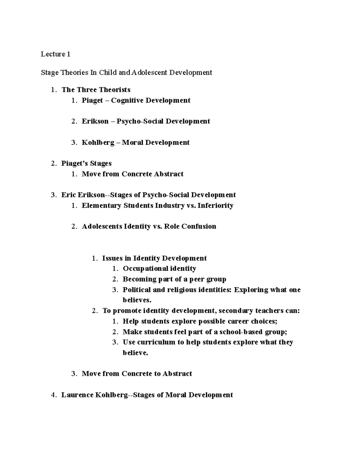 Notes to study for exam 1 - Lecture 1 Stage Theories In Child and ...