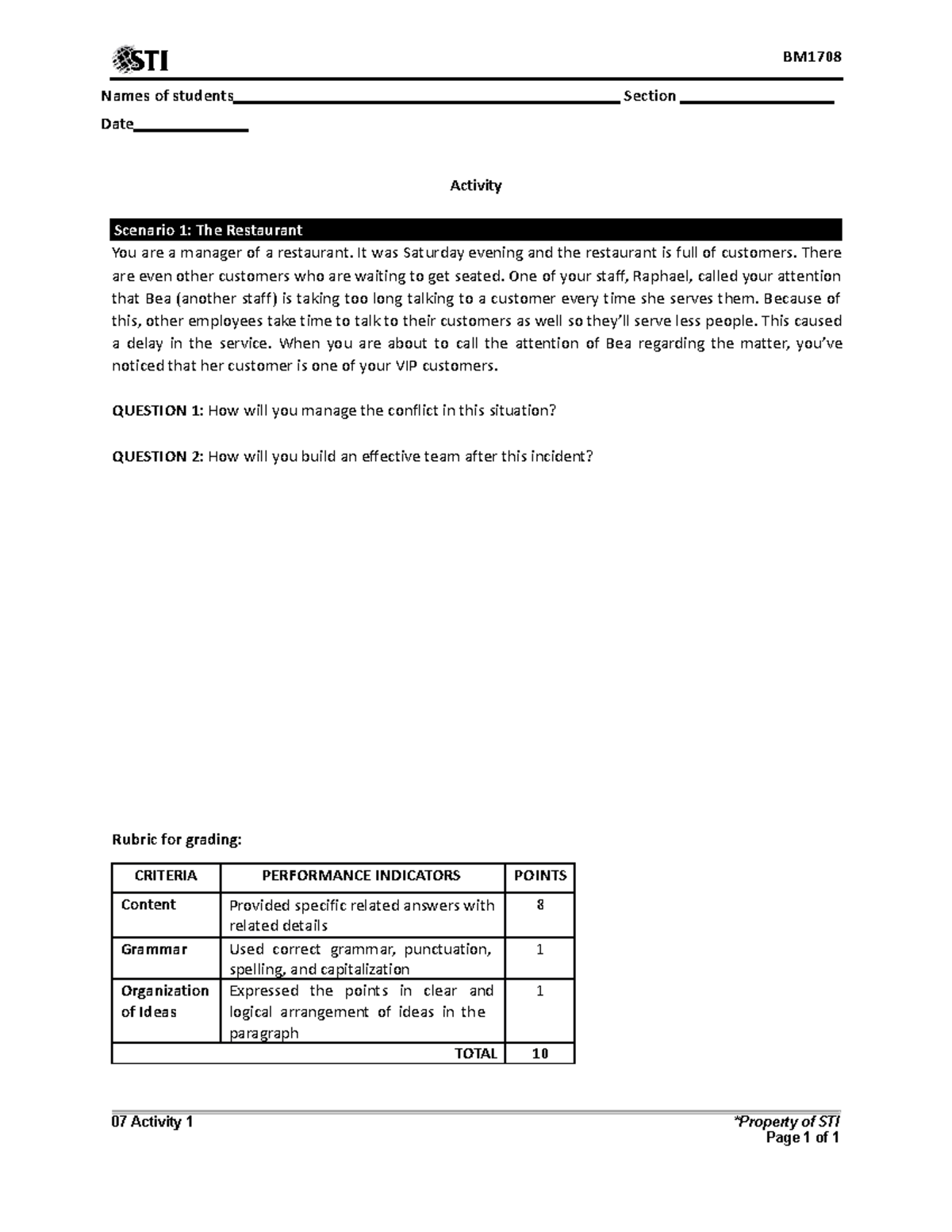 07 Activity 1 - Names of students Section Date Activity Scenario 1: The ...