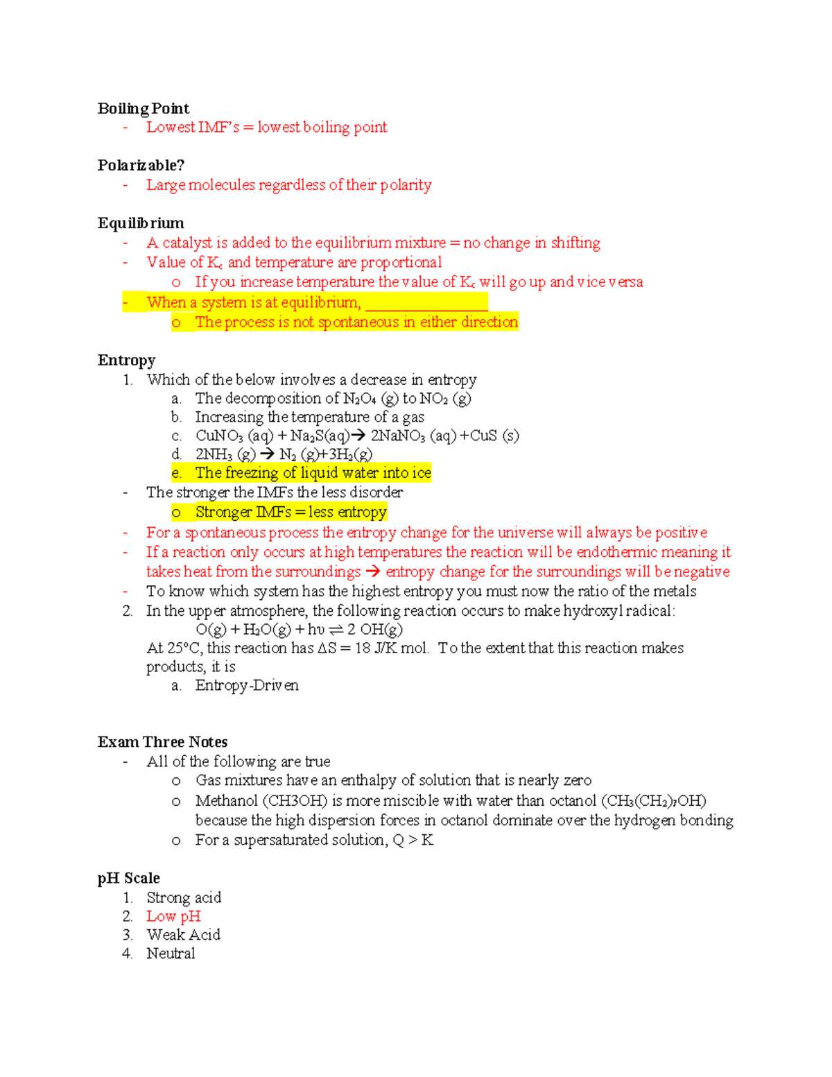 Chem Final Exam Study Guide - Boiling Point - Lowest IMF’s = lowest ...