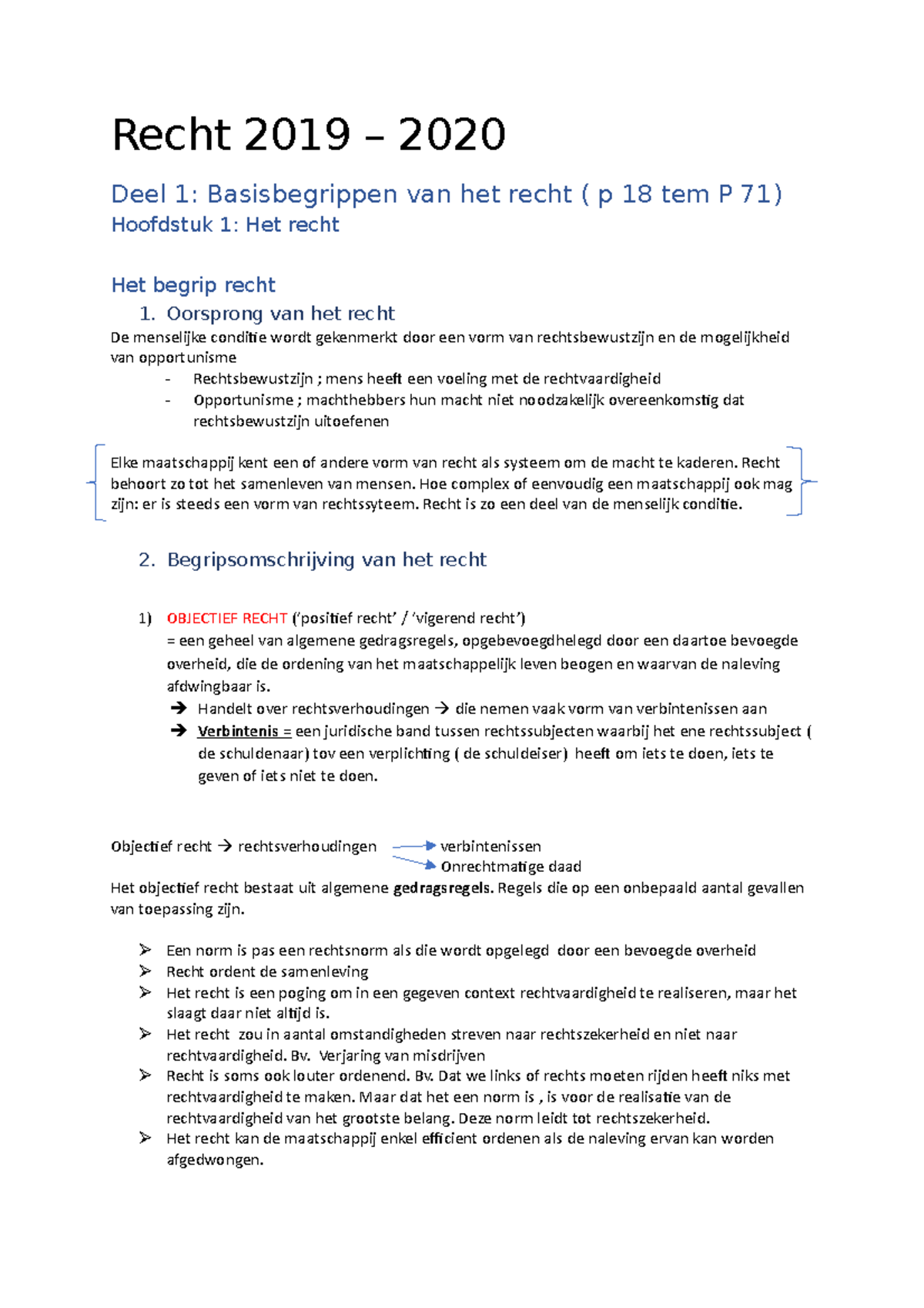 Samenvatting Rechten - Recht 2019 – 2020 Deel 1: Basisbegrippen Van Het ...