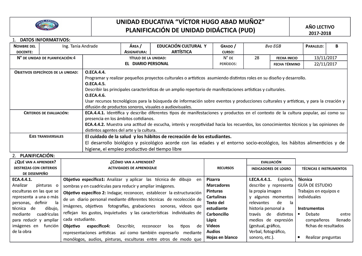 PUD EA - Puds - UNIDAD EDUCATIVA “VÍCTOR HUGO ABAD MUÑOZ” PLANIFICACIÓN ...