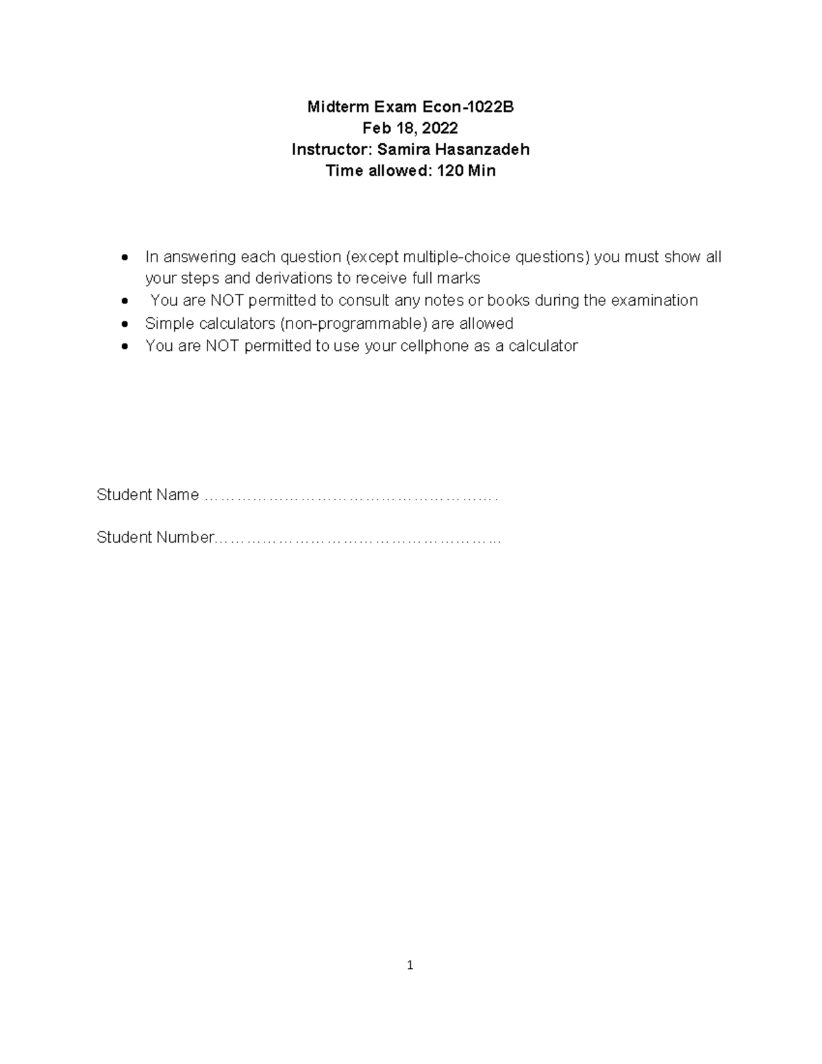 Midterm+Solution ECON1022B Winter 2022 1 - Midterm Exam Econ-1022B Feb ...