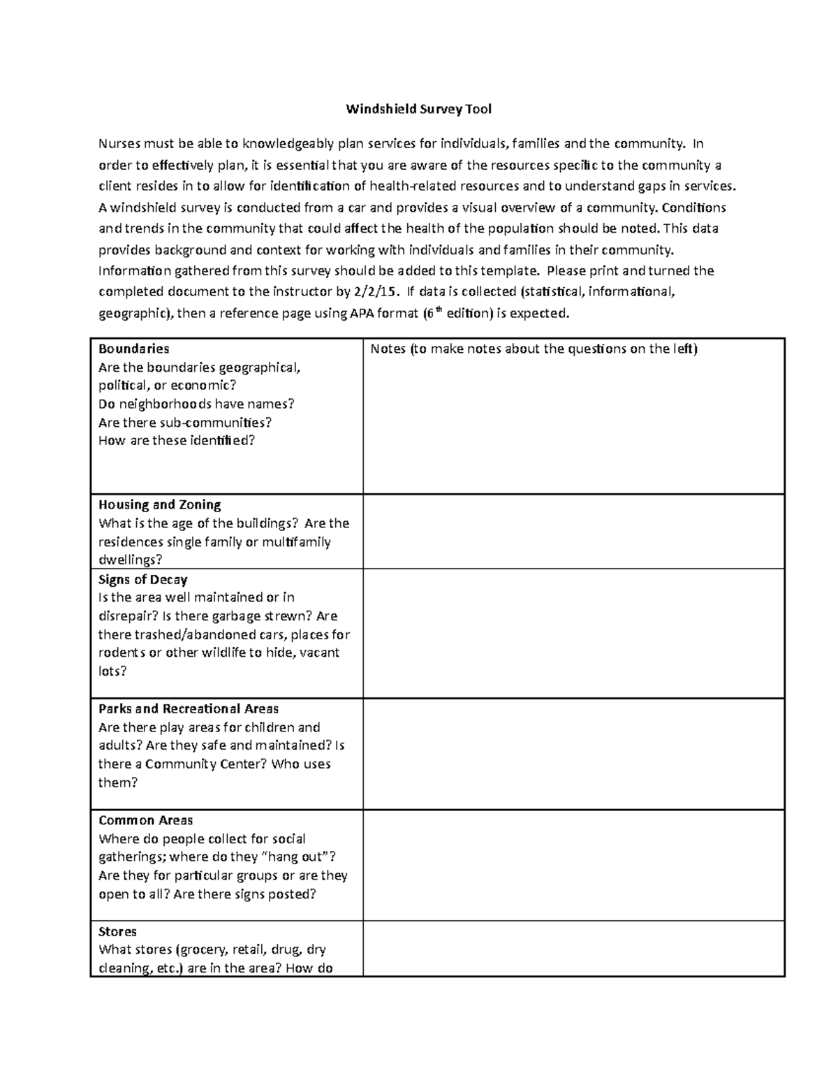 Windshield Survey Tool 1 Windshield Survey Tool Nurses must be able