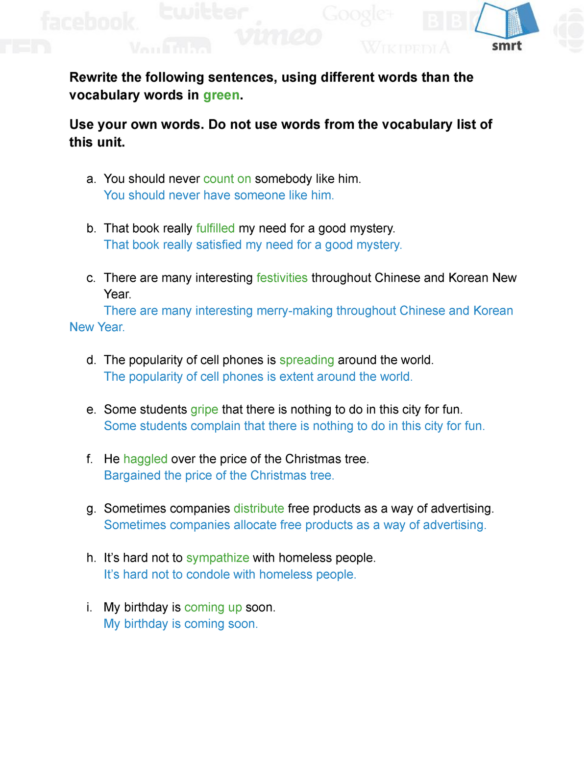 Vocabulary 7-1 Celebrations Exercise #2 - Rewrite the following ...