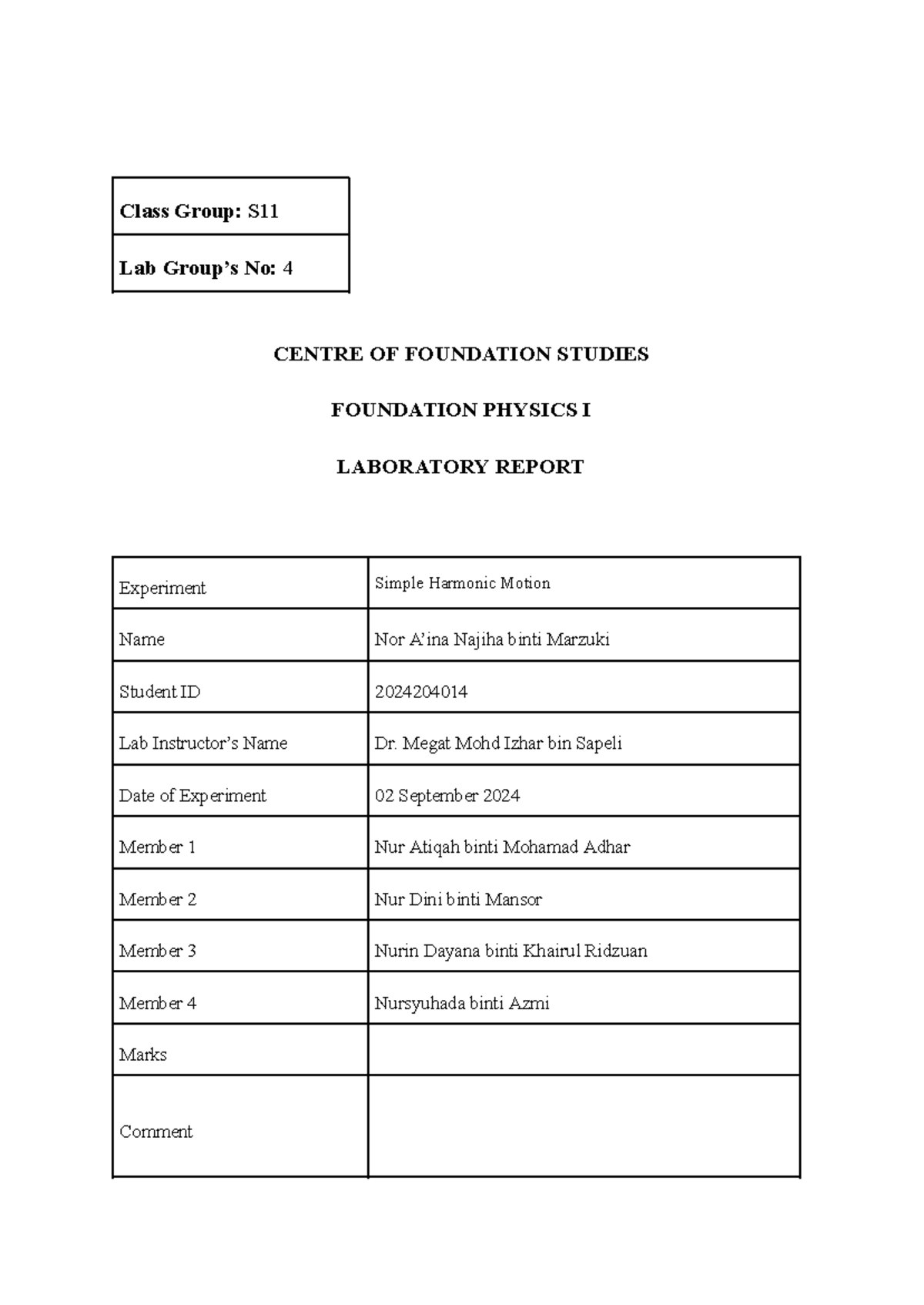 Lab Report 3 Simple Harmonic Motion - CENTRE OF FOUNDATION STUDIES ...