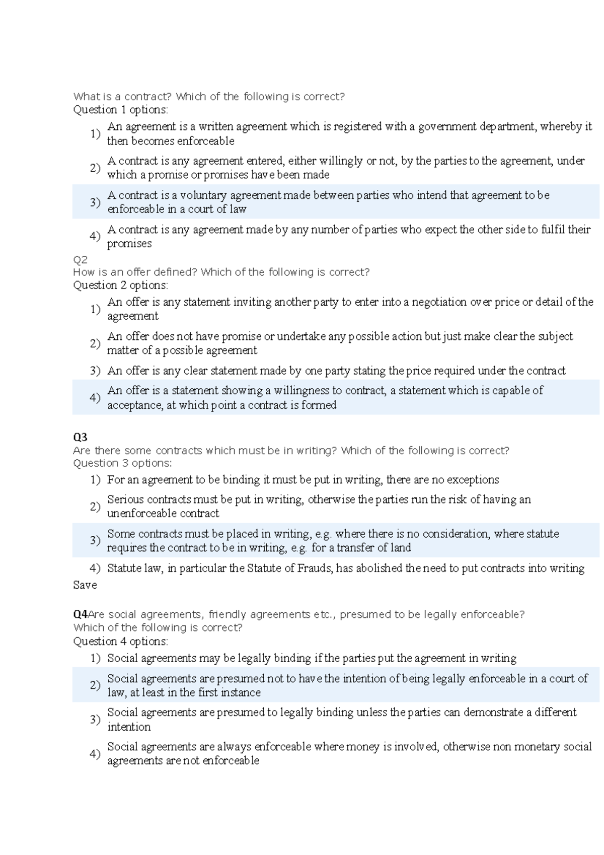 601 Quiz1 - REVIEW ALL ELEMENTS - What is a contract? Which of the  following is correct? Question 1 - StuDocu