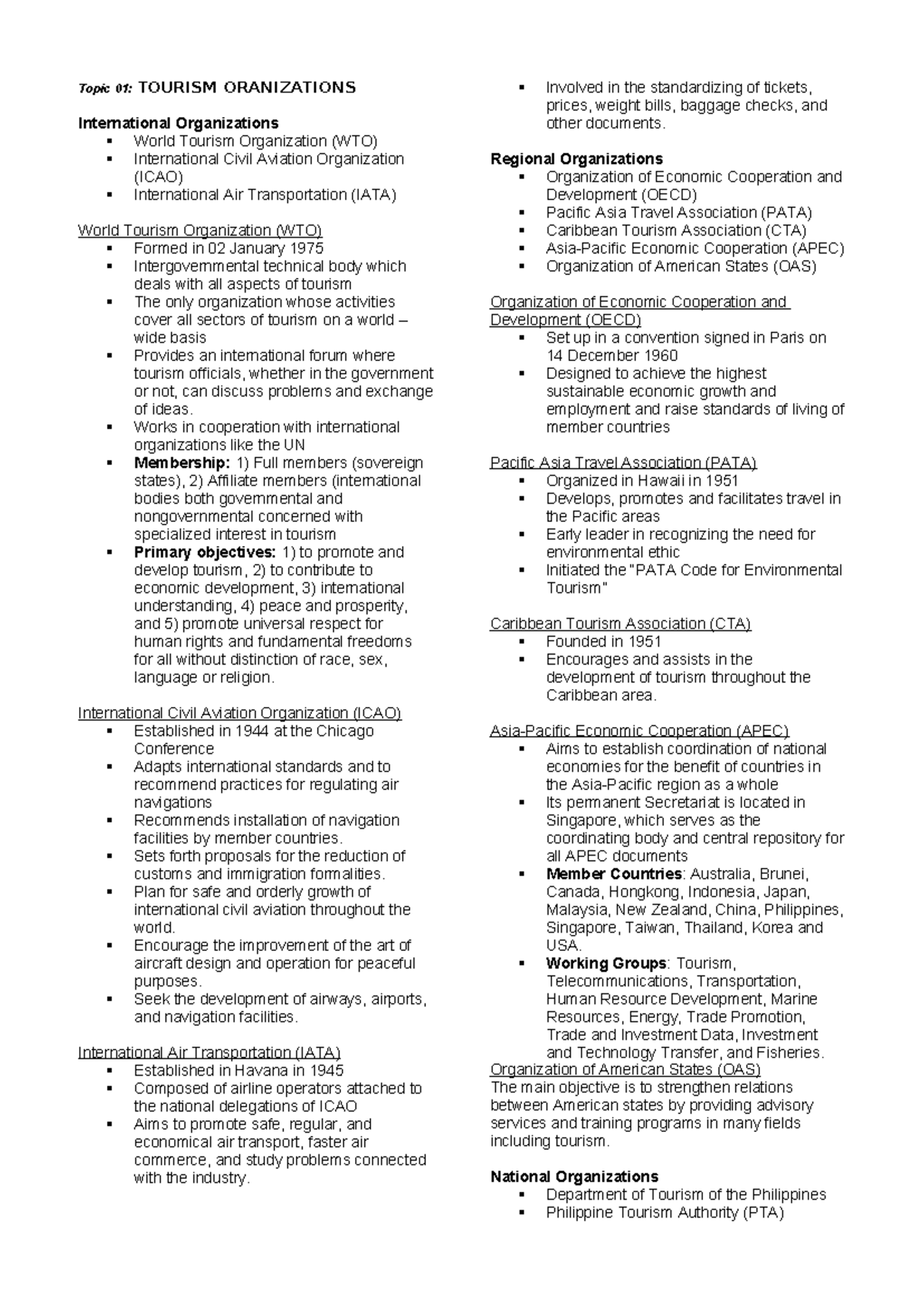 Topic 01 Tourism Organizations Handout - Topic 01: TOURISM ORANIZATIONS ...