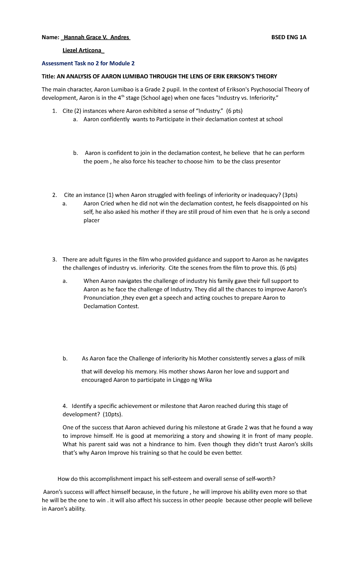 EDU1 Andres, Articona Assessment TASK - Name: _Hannah Grace V. Andres ...