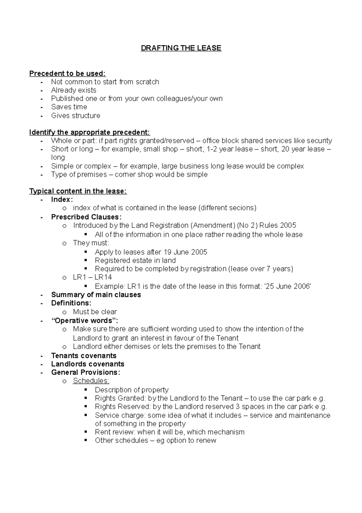 8 - Drafting THE Lease - DRAFTING THE LEASE Precedent to be used: - Not ...