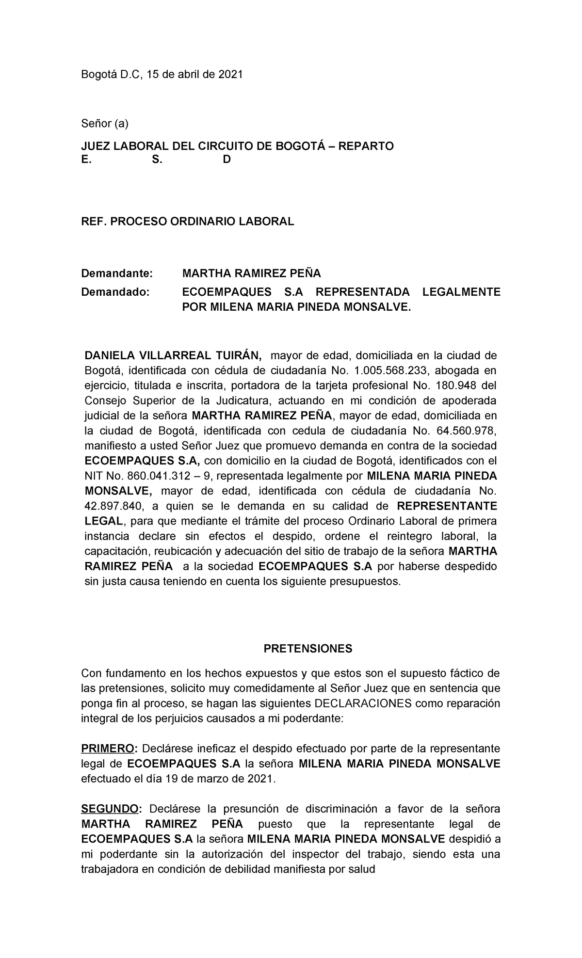 Demanda Proceso Ordinario Laboral - Bogotá D, 15 de abril de 2021 Señor ...