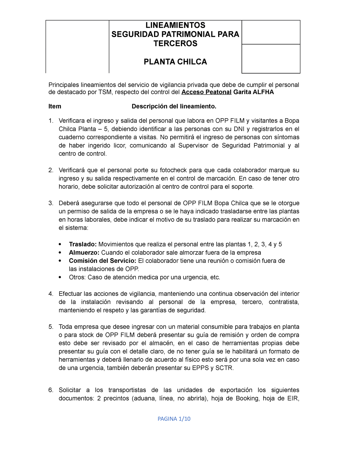 Lineamientos De Seguridad Patrimonial Chilca Final Seguridad Patrimonial Para Terceros Planta 9708