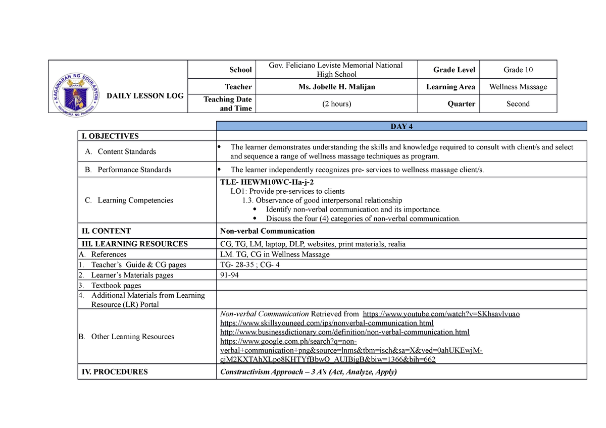 Wellness Massage Lo1 1 - Dll - Daily Lesson Log School Gov. Feliciano 