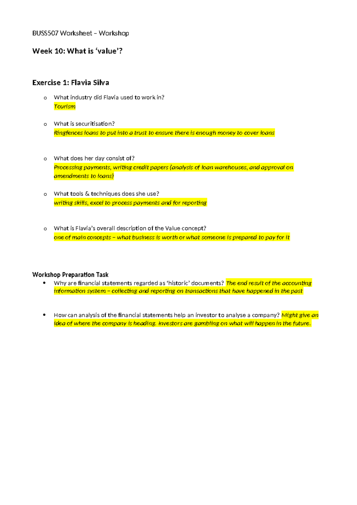 Week 10 - Workshop Worksheet solutions - Week 10: What is ‘value ...