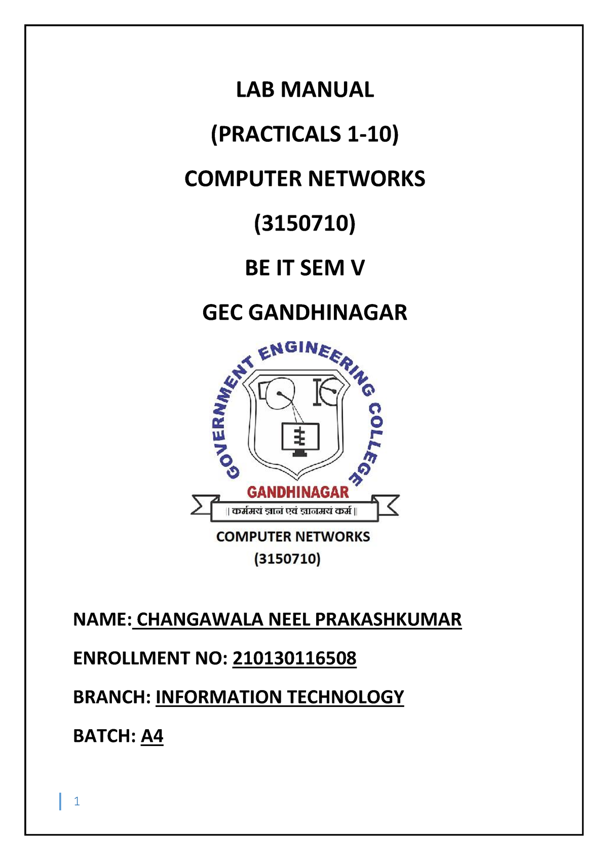 LAB Manual - LAB MANUAL (PRACTICALS 1-10) COMPUTER NETWORKS (3150710 ...