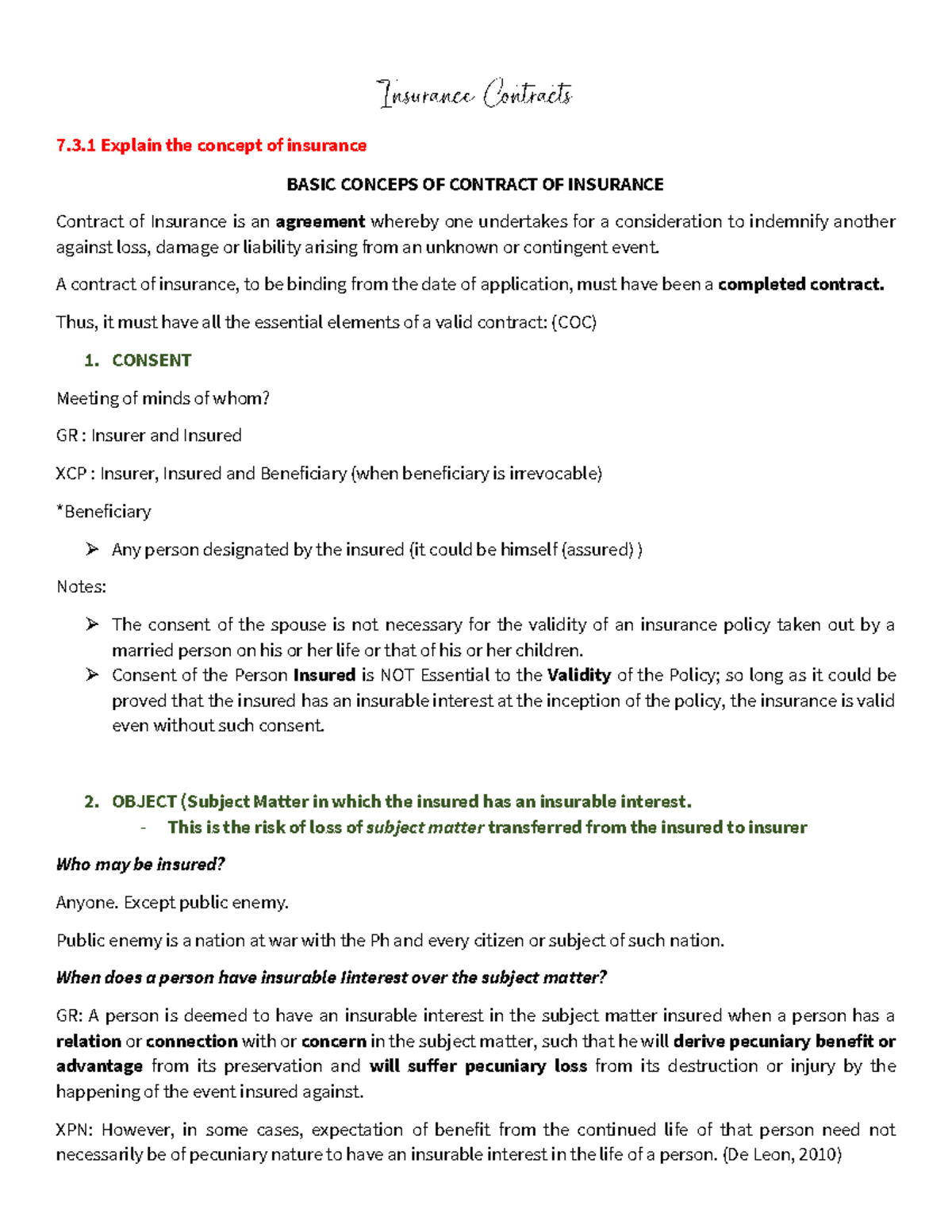 Insurance Notes - Summary The Law on Sales, Agency, and Credit ...