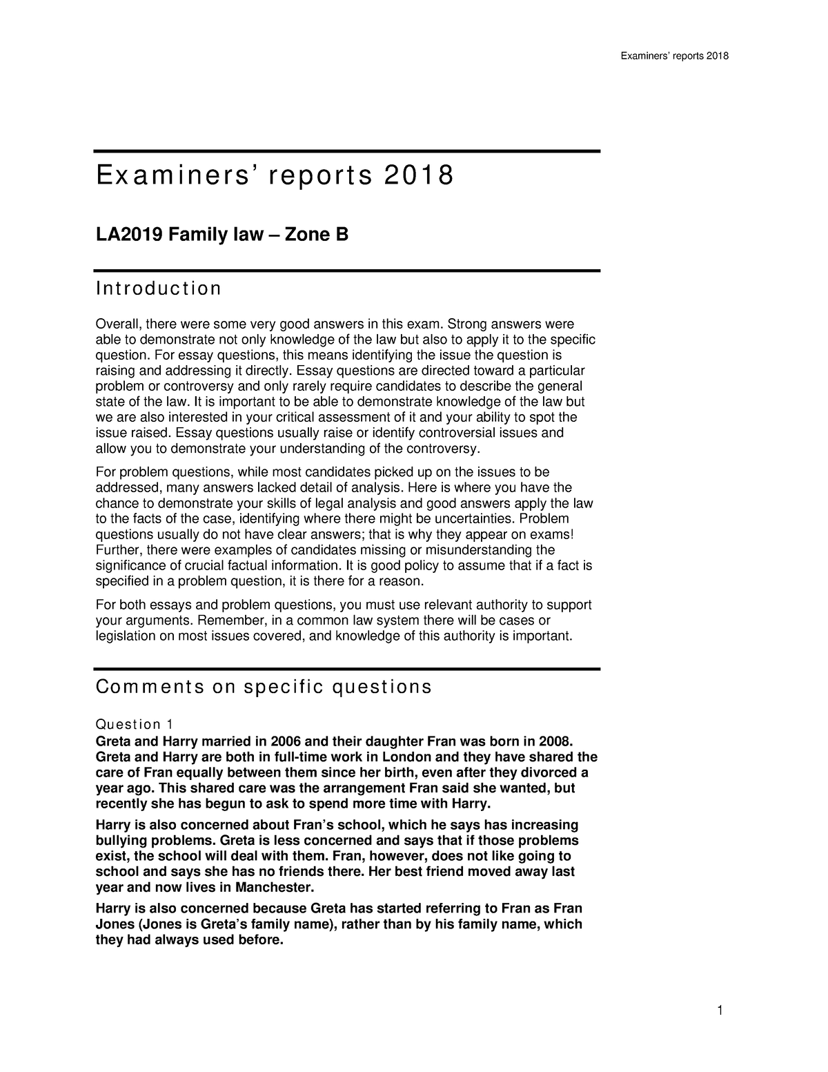 Family Report 2018 B - Examiners’ Reports 2018 Ex A M I N E R S ’ R E P ...