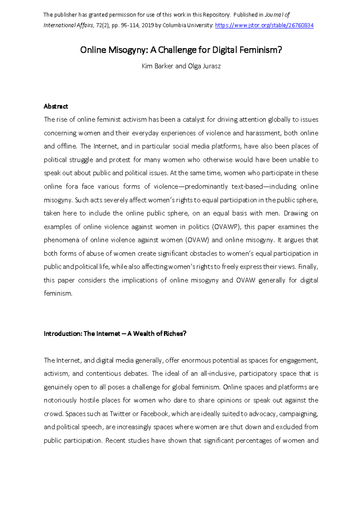Barker and Jurasz Online Misogyny (JIA accepted) - Online Misogyny: A ...