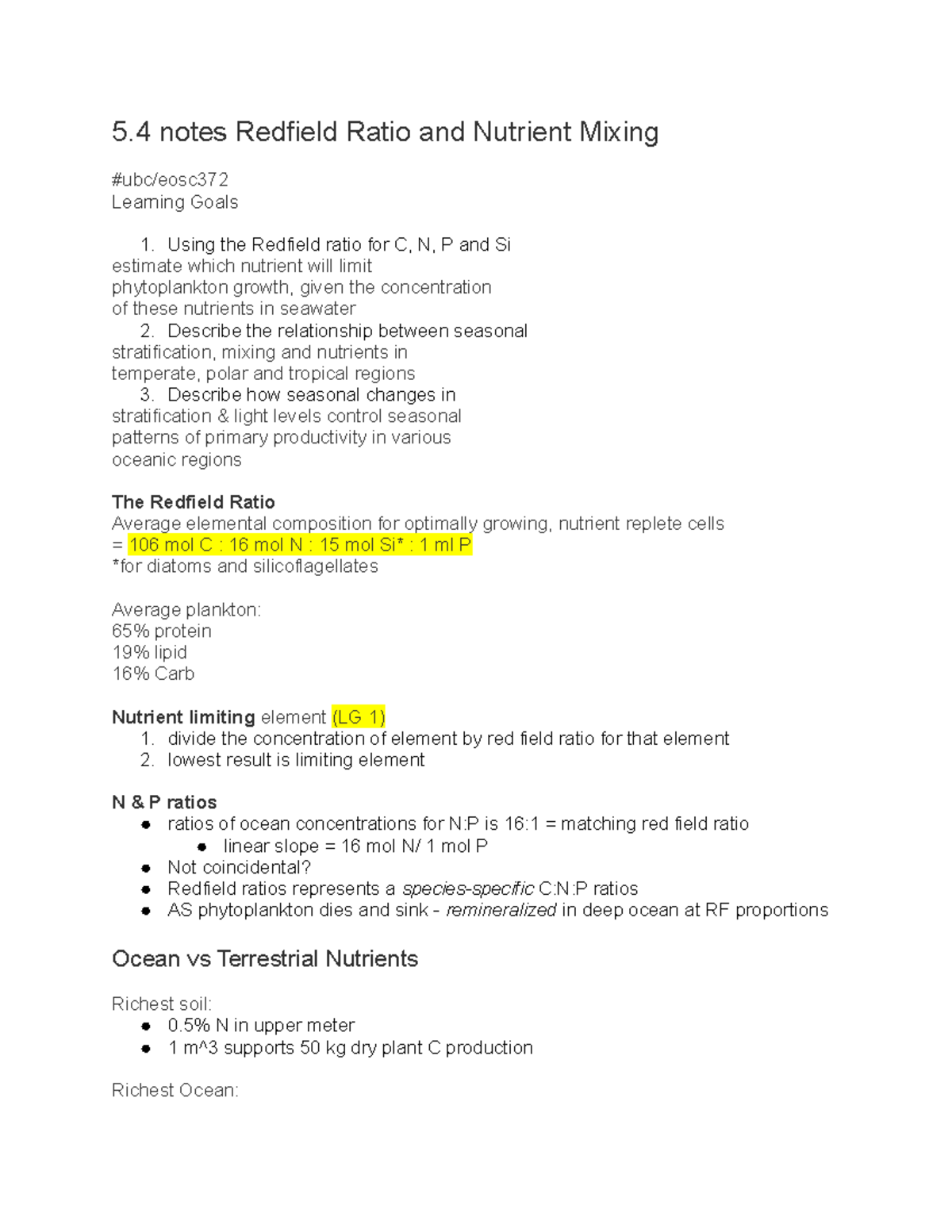 5.4 Redfield Ratio and Nutrient Mixing Using the Redfield ratio for C, N, P and Si estimate