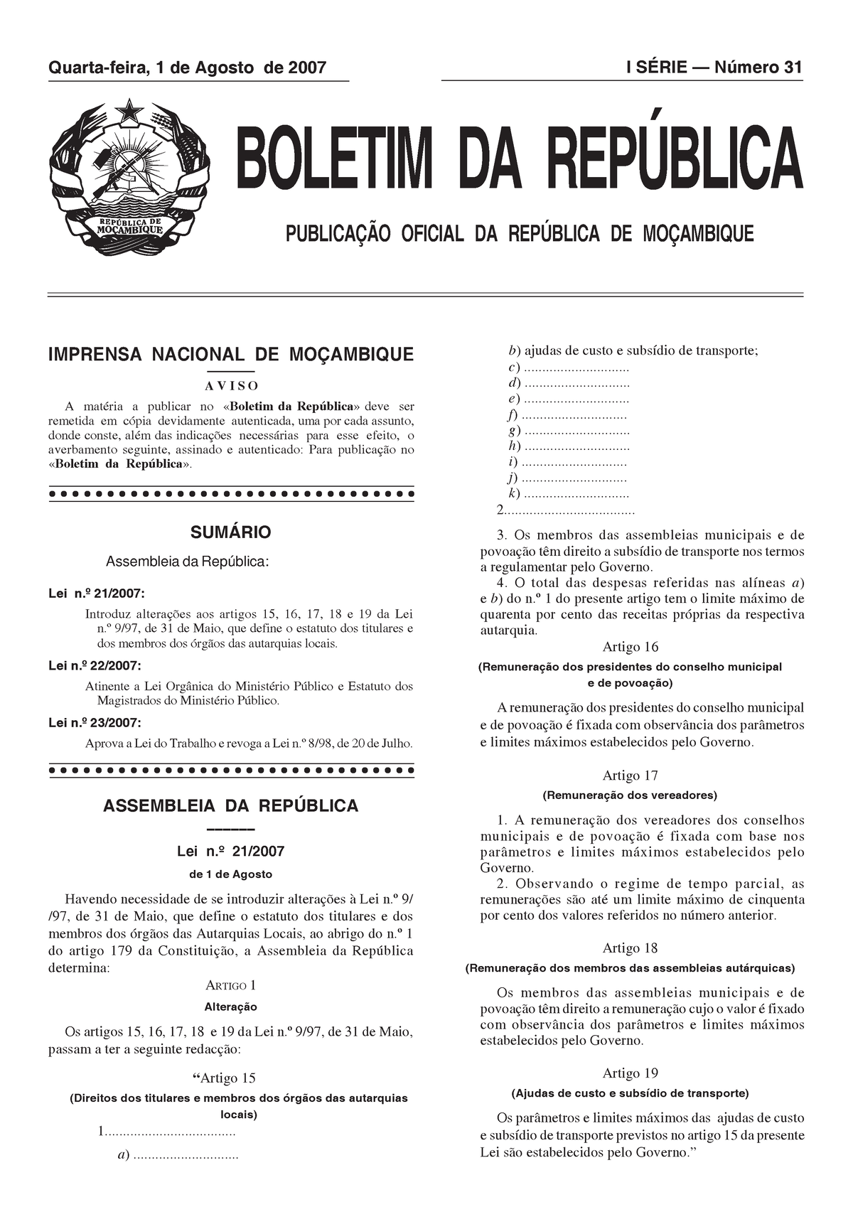 Lei 23 2 007 De 1 De Agosto Lei Do Trabalho Boletim Da RepÚblica PublicaÇÃo Oficial Da 3051