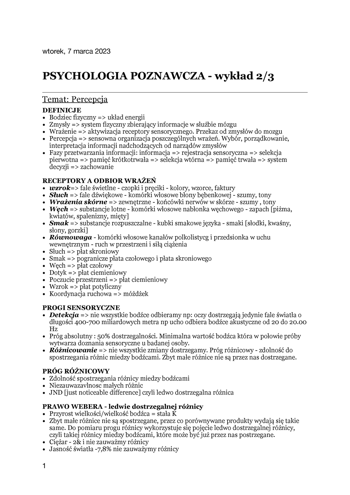 Psychologia Poznawcza - Wykład 2:3 - Wtorek, 7 Marca 2023 PSYCHOLOGIA ...