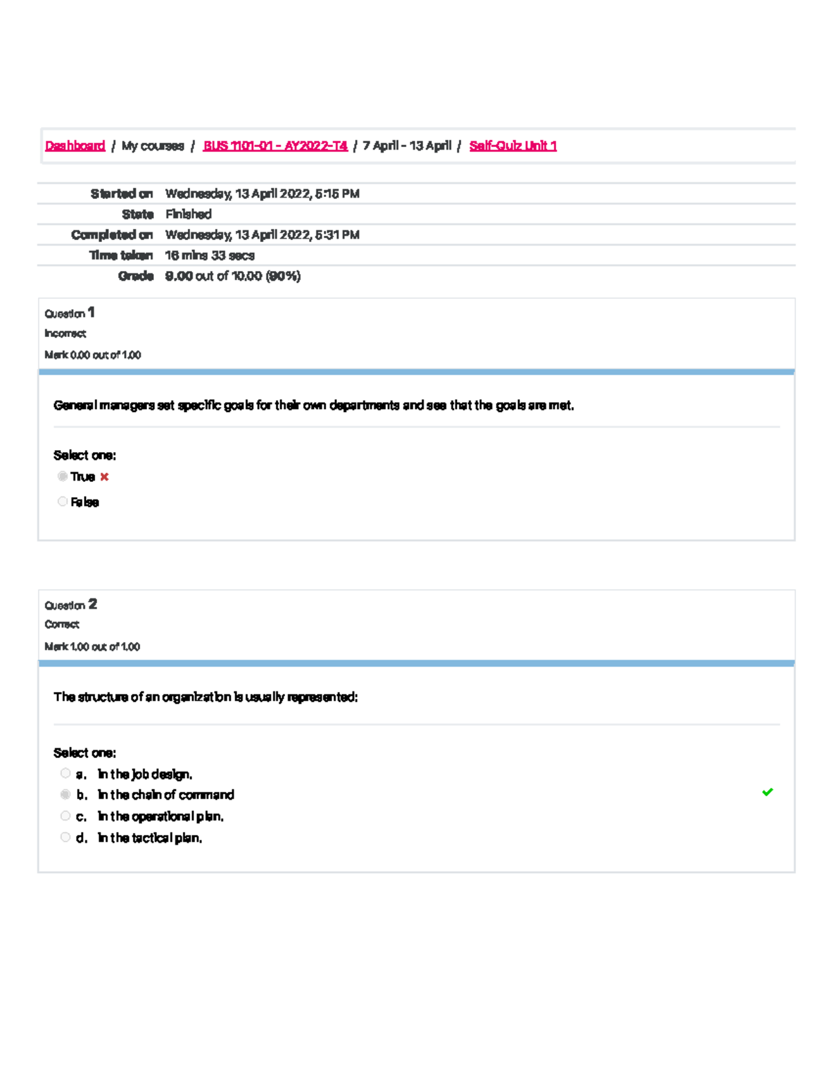 Unit 1 self quiz bus 1101 - Started on Wednesday, 13 April 2022, 5 15 ...