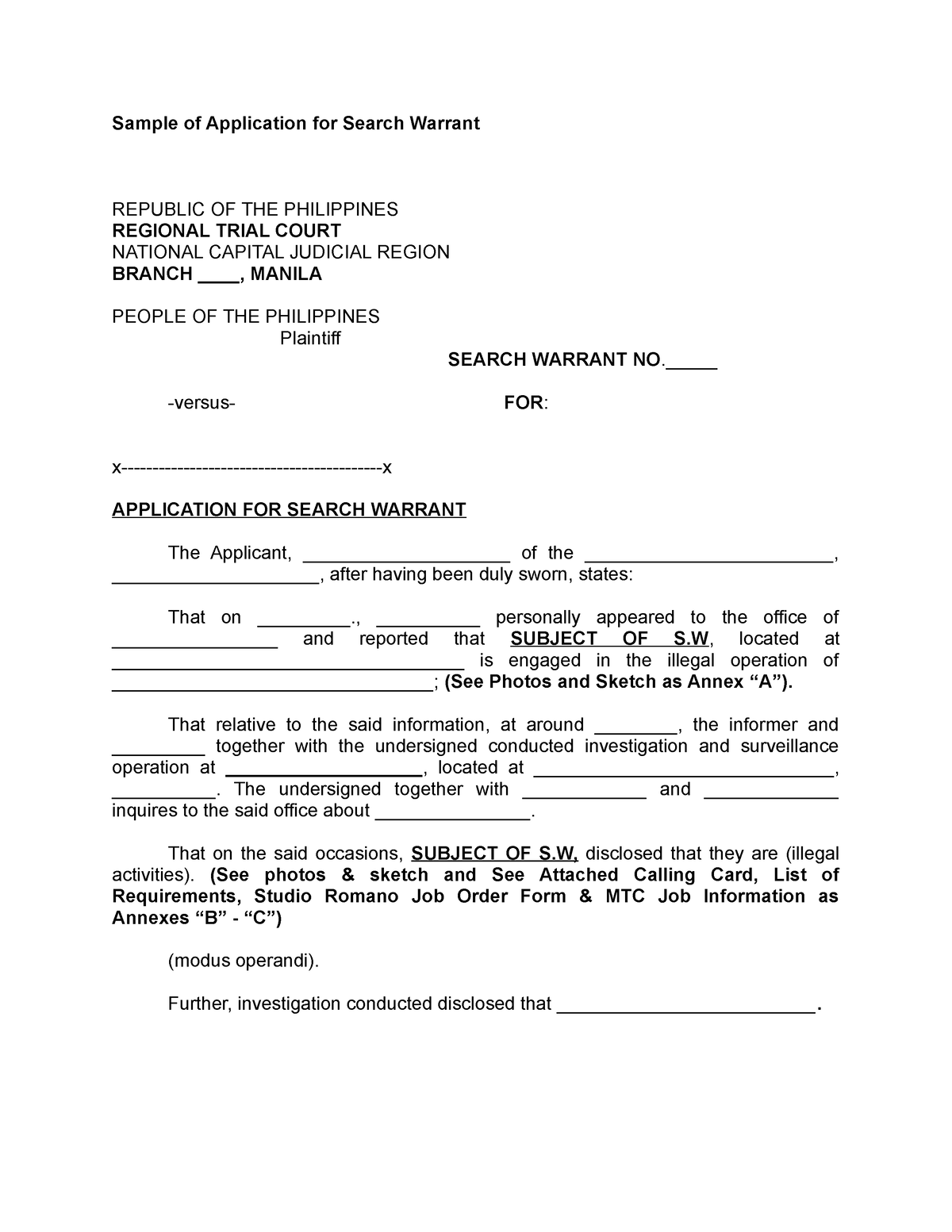 Sample Of Application For Search Warrant Sample Of Application For Search Warrant Republic Of 7111