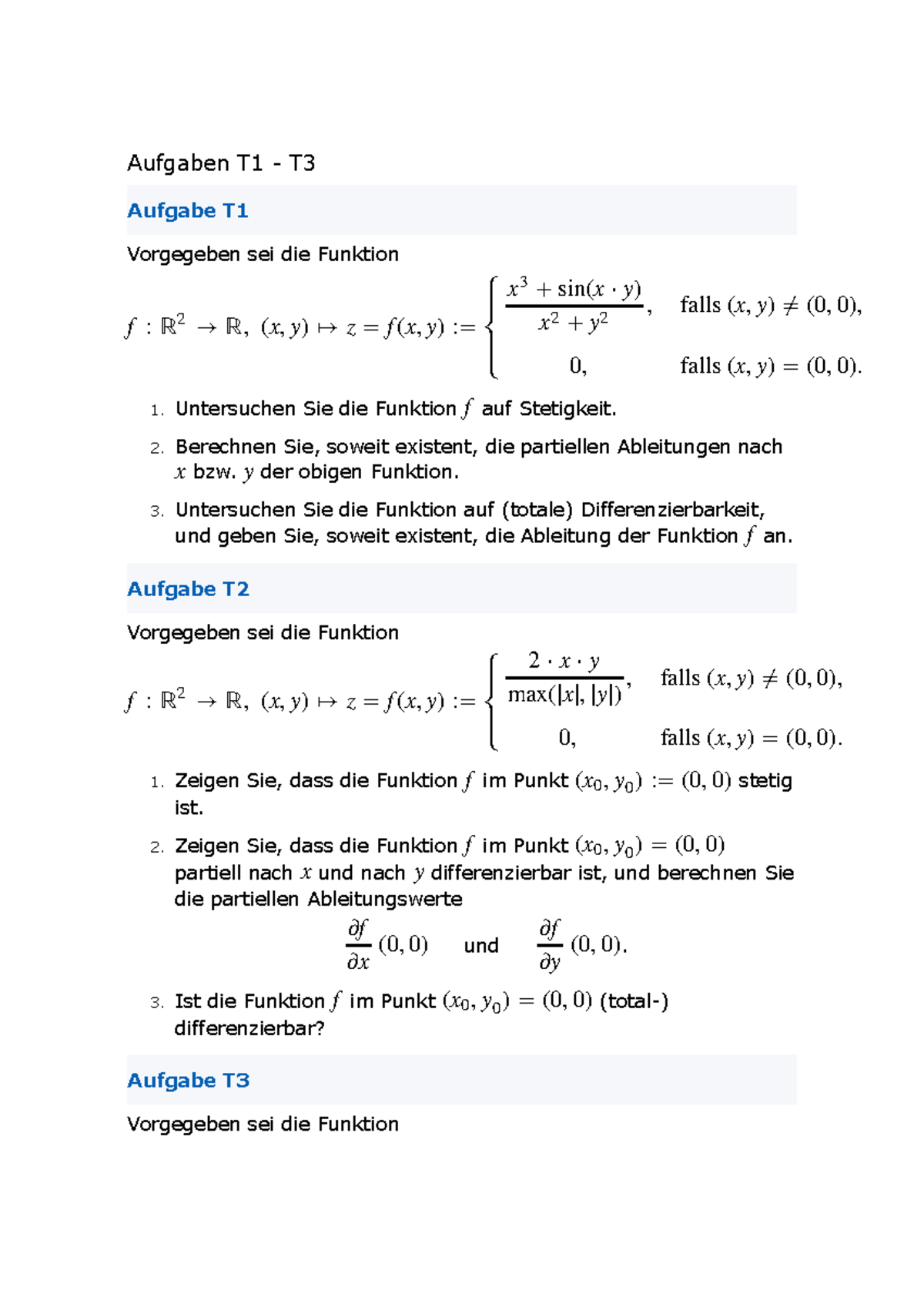KIT Ilias Differenzierbare Funktionen Teil 1 Aufgaben T1 T