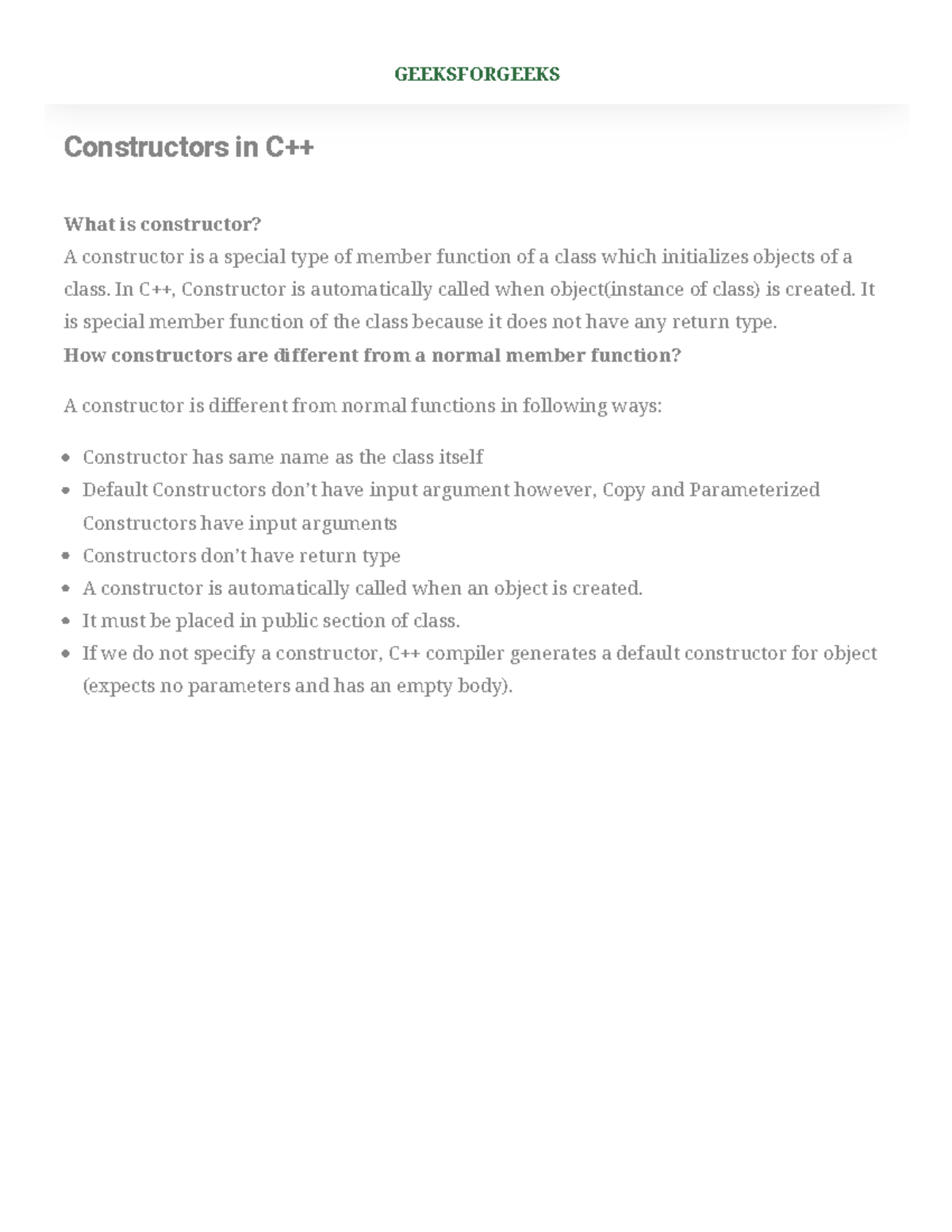 Constructors in C++ - Geeksfor Geeks - Constructors in C++ What is ...