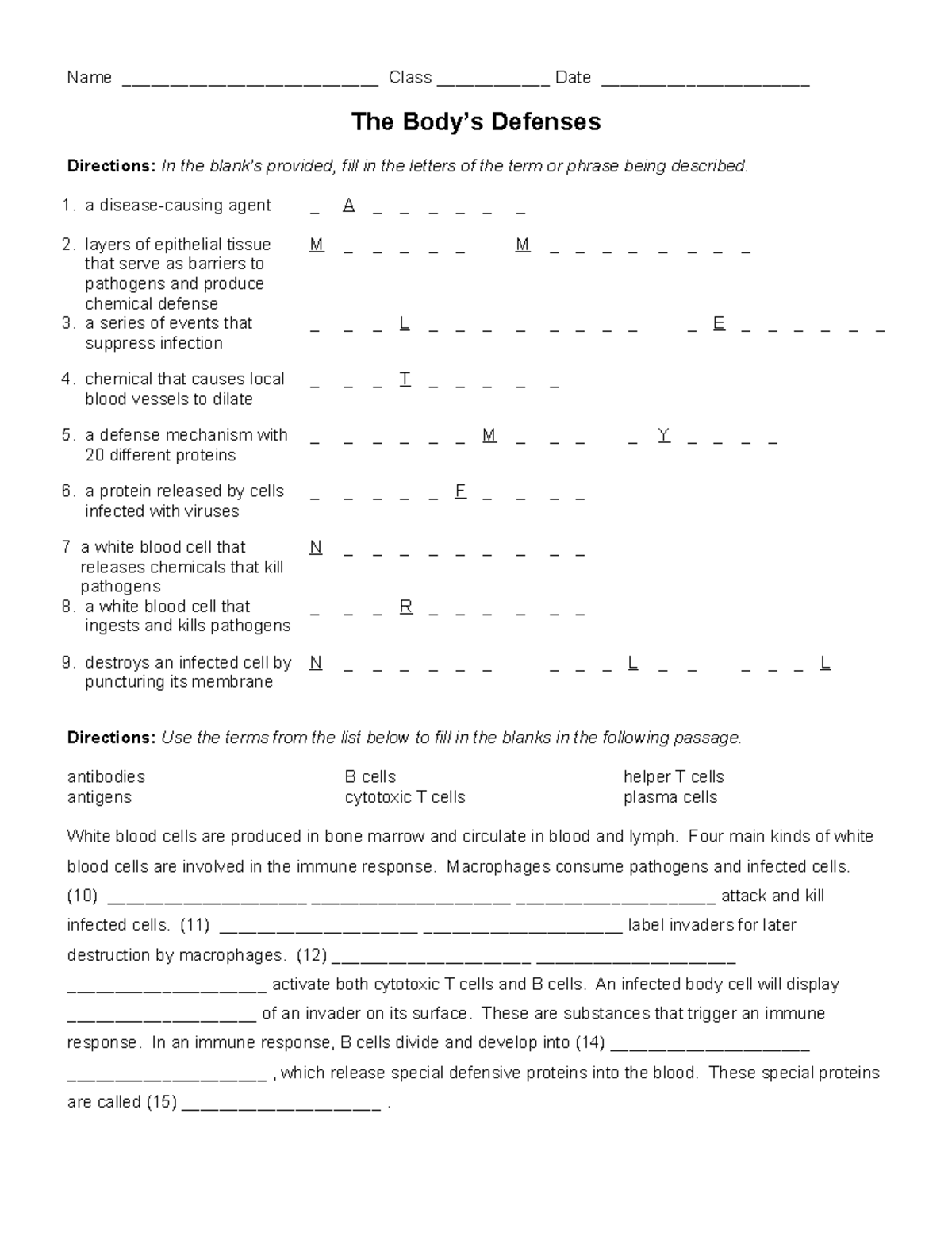 The Body's Defenses Worksheet - Name Class ______ Date - Studocu