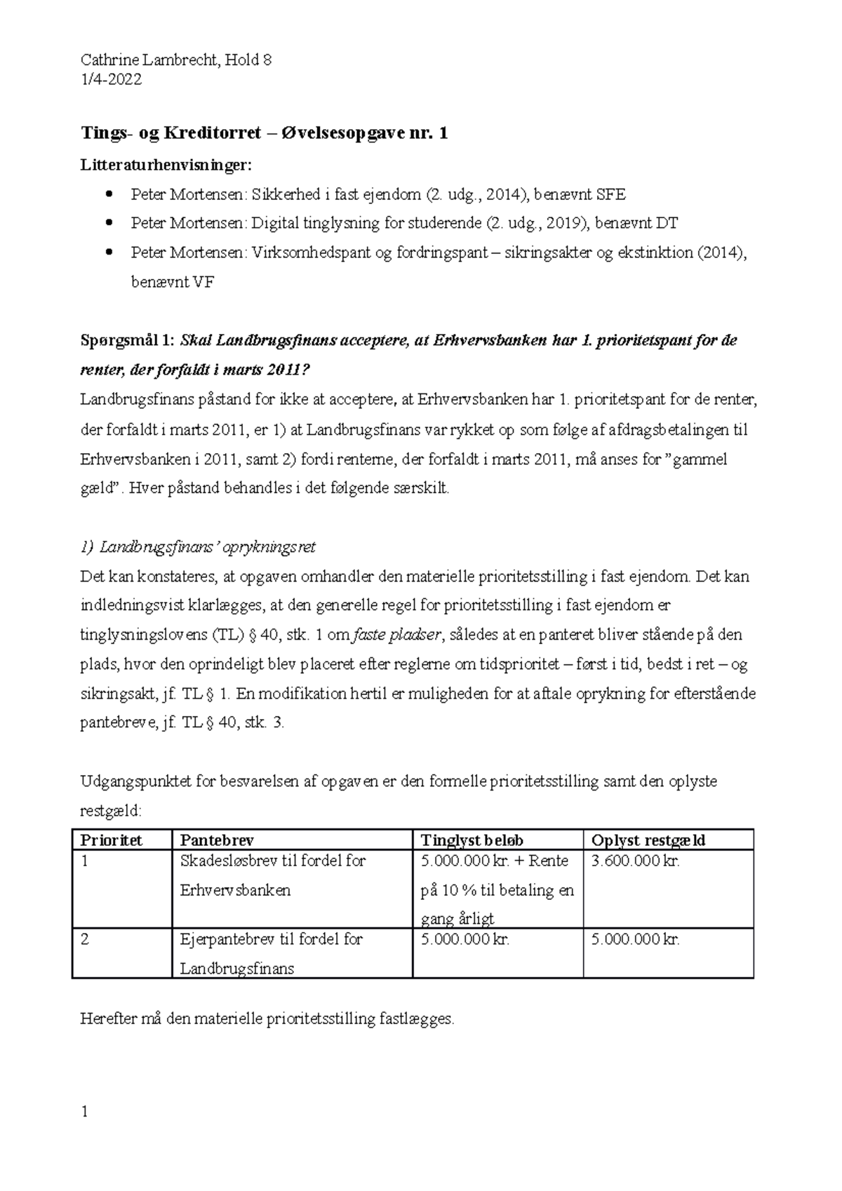 Øvelsesopgave 1 - TKR - Vurderet Til 10 - 1/4- Tings- Og Kreditorret ...