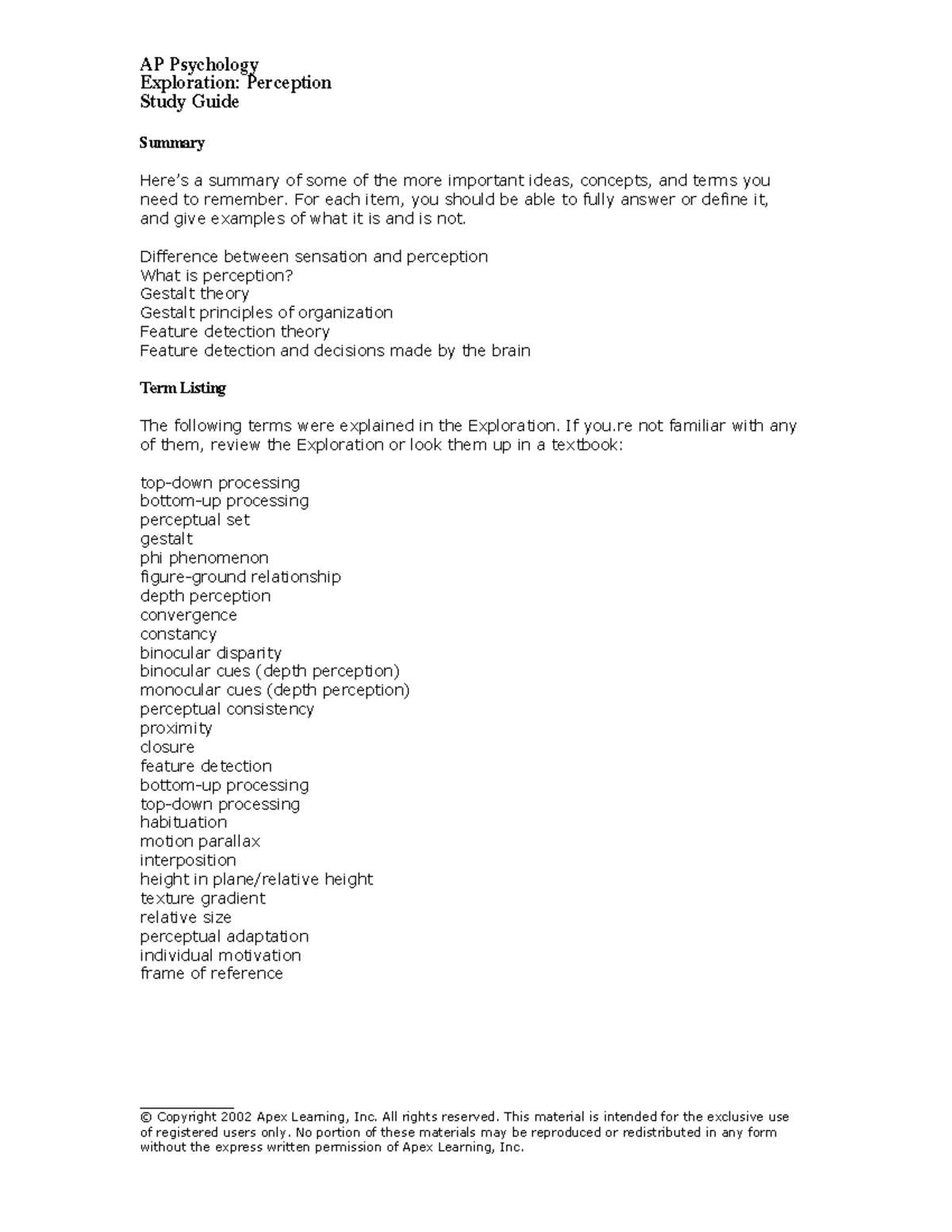 AP Psychology-2.3.6 Study Guide - Exploration: Perception Study Guide ...