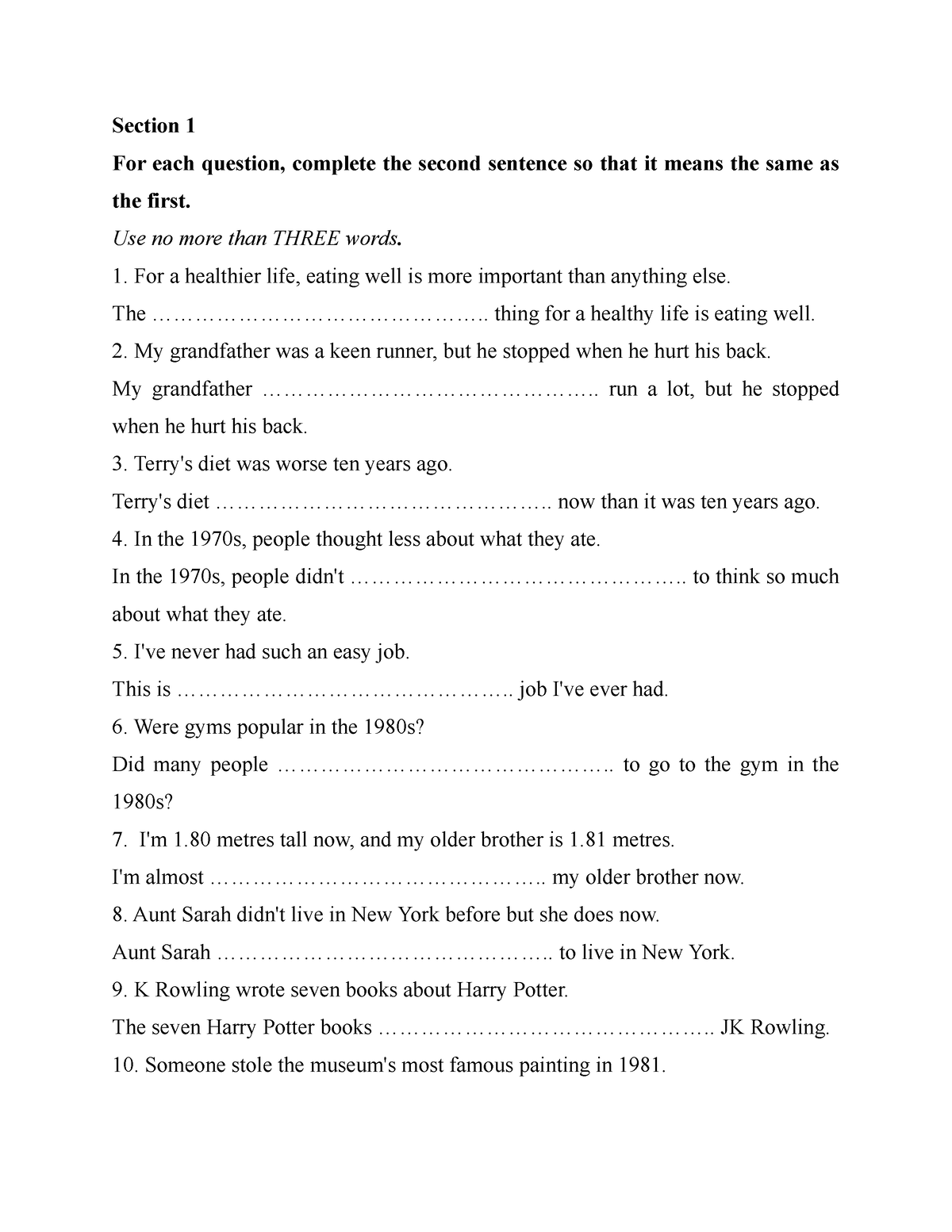 Section 1. Progress Test 7-12 - No Keys - Section 1 For Each Question ...