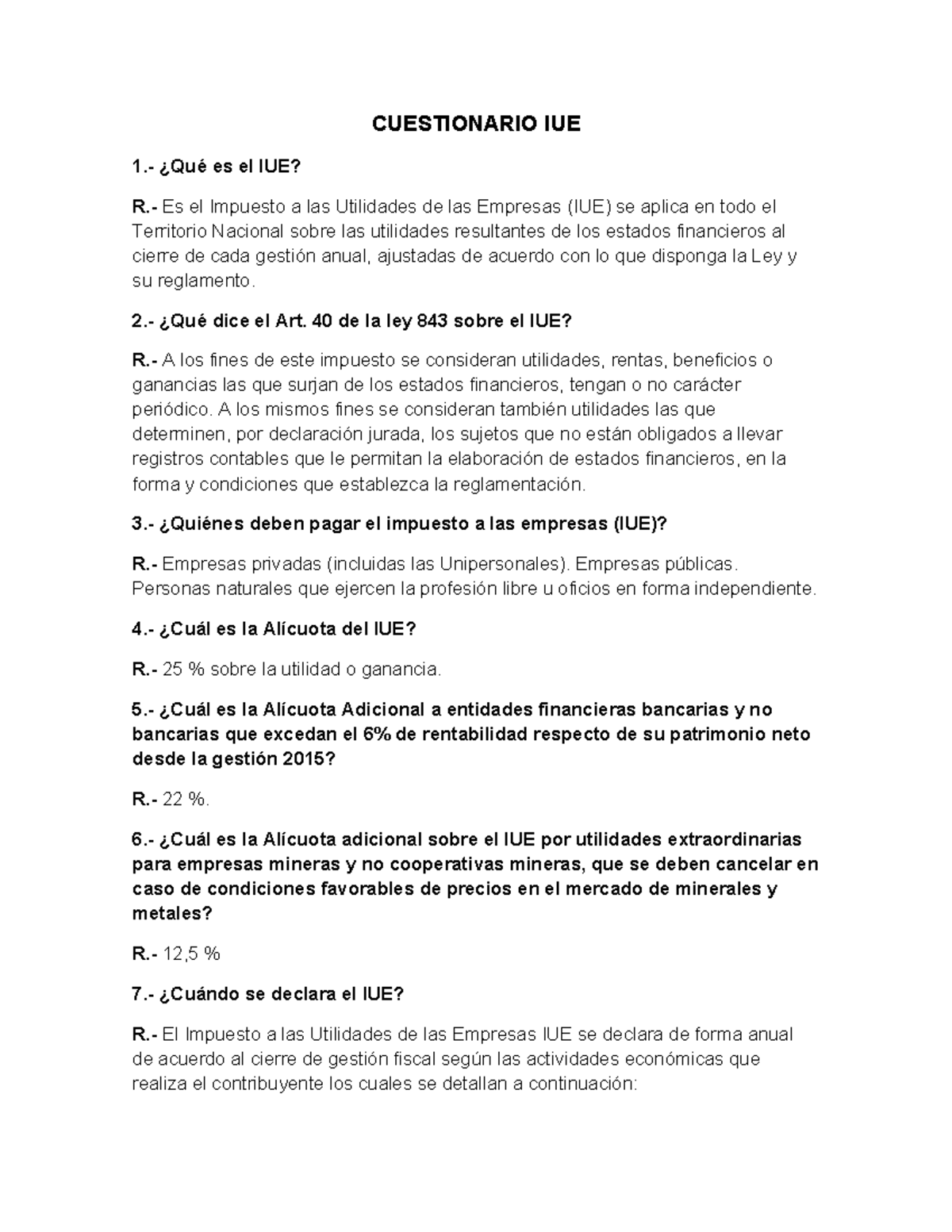 Cuestionario IUE - IMPUESTO DE LA UTILIDAD DE LA GESTION - CUESTIONARIO ...
