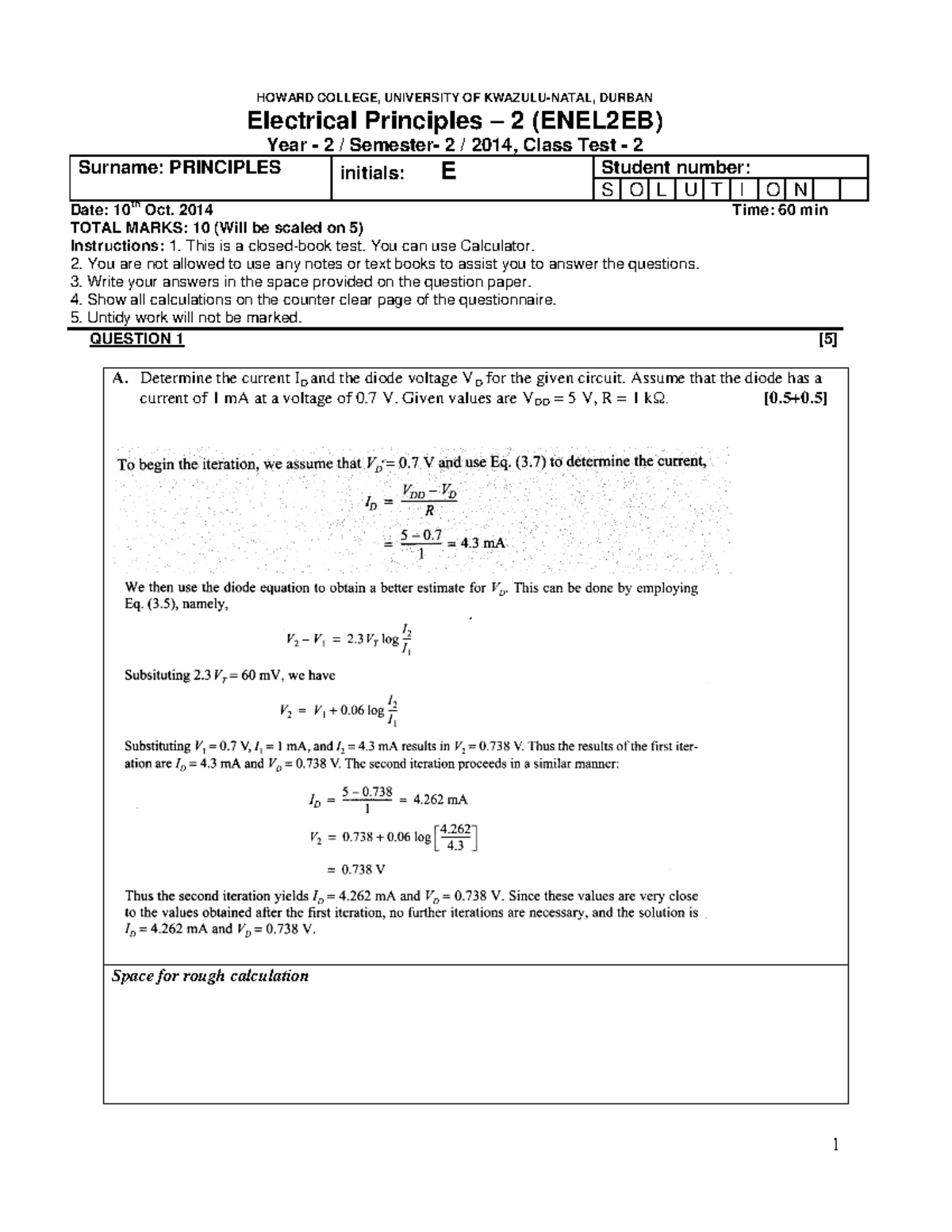 EP 2 Class Test 2 2014 Solution - 1 HOWARD COLLEGE, UNIVERSITY OF ...
